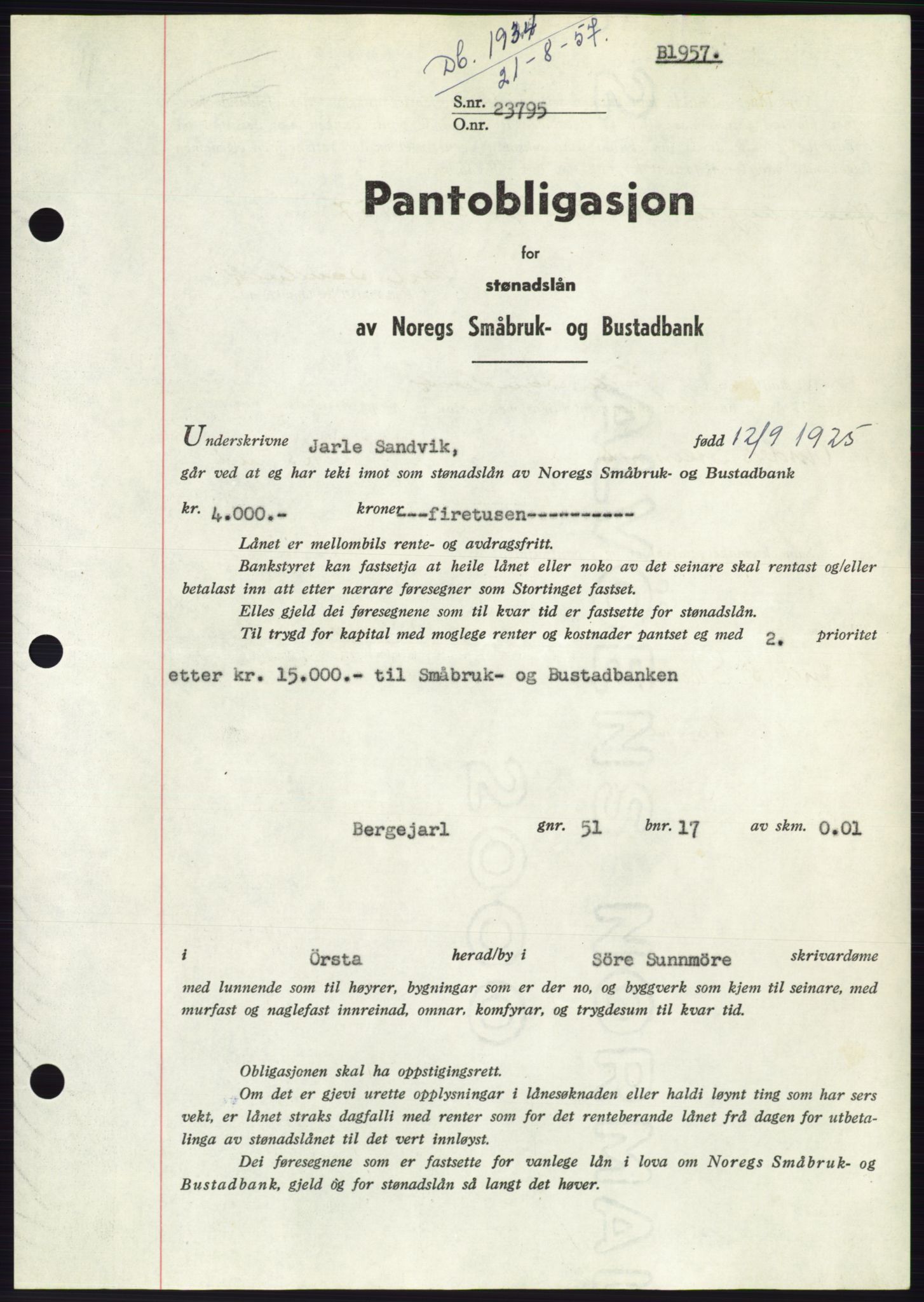 Søre Sunnmøre sorenskriveri, AV/SAT-A-4122/1/2/2C/L0130: Mortgage book no. 18B, 1957-1958, Diary no: : 1934/1957