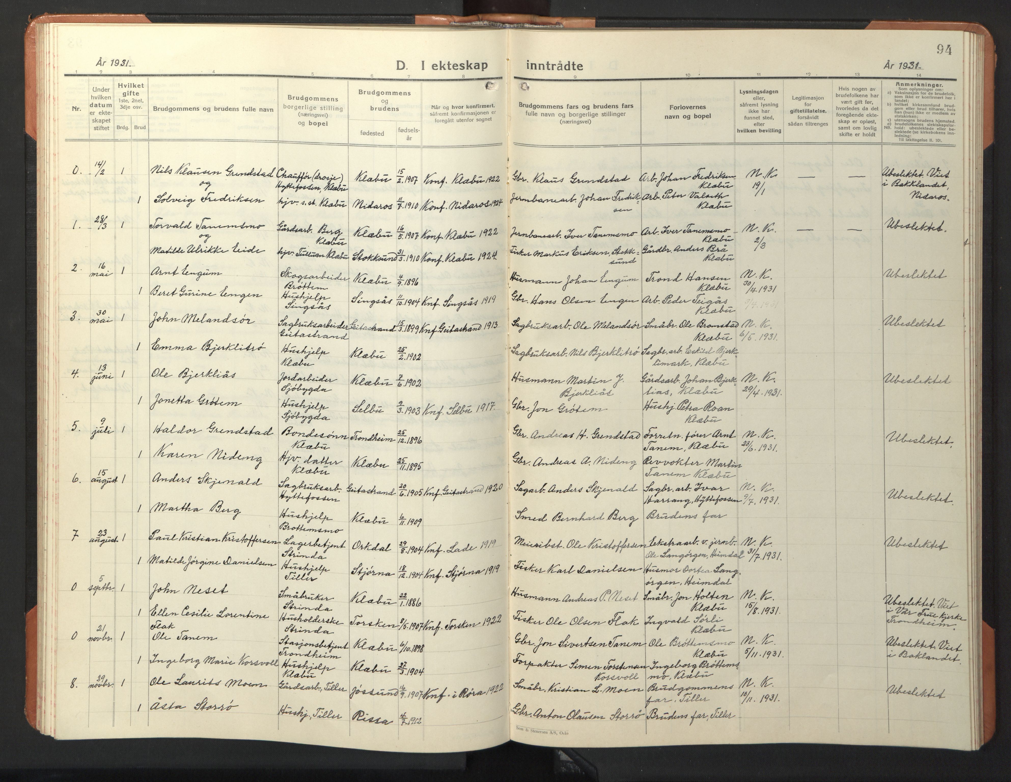 Ministerialprotokoller, klokkerbøker og fødselsregistre - Sør-Trøndelag, SAT/A-1456/618/L0454: Parish register (copy) no. 618C05, 1926-1946, p. 94