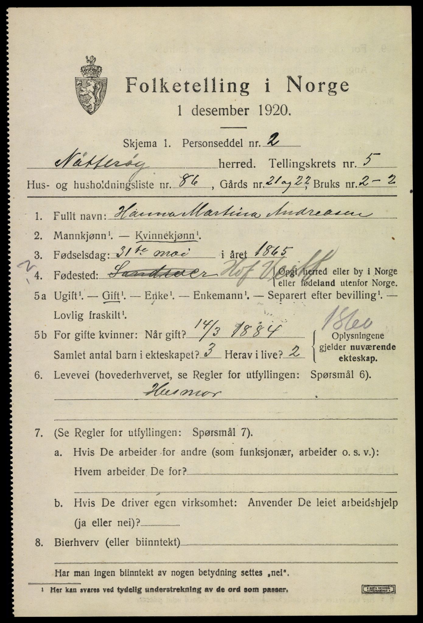 SAKO, 1920 census for Nøtterøy, 1920, p. 8387