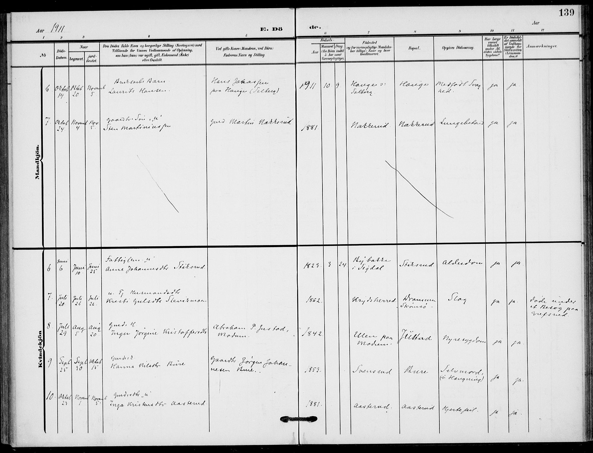 Hole kirkebøker, SAKO/A-228/F/Fb/L0003: Parish register (official) no. II 3, 1906-1916, p. 139