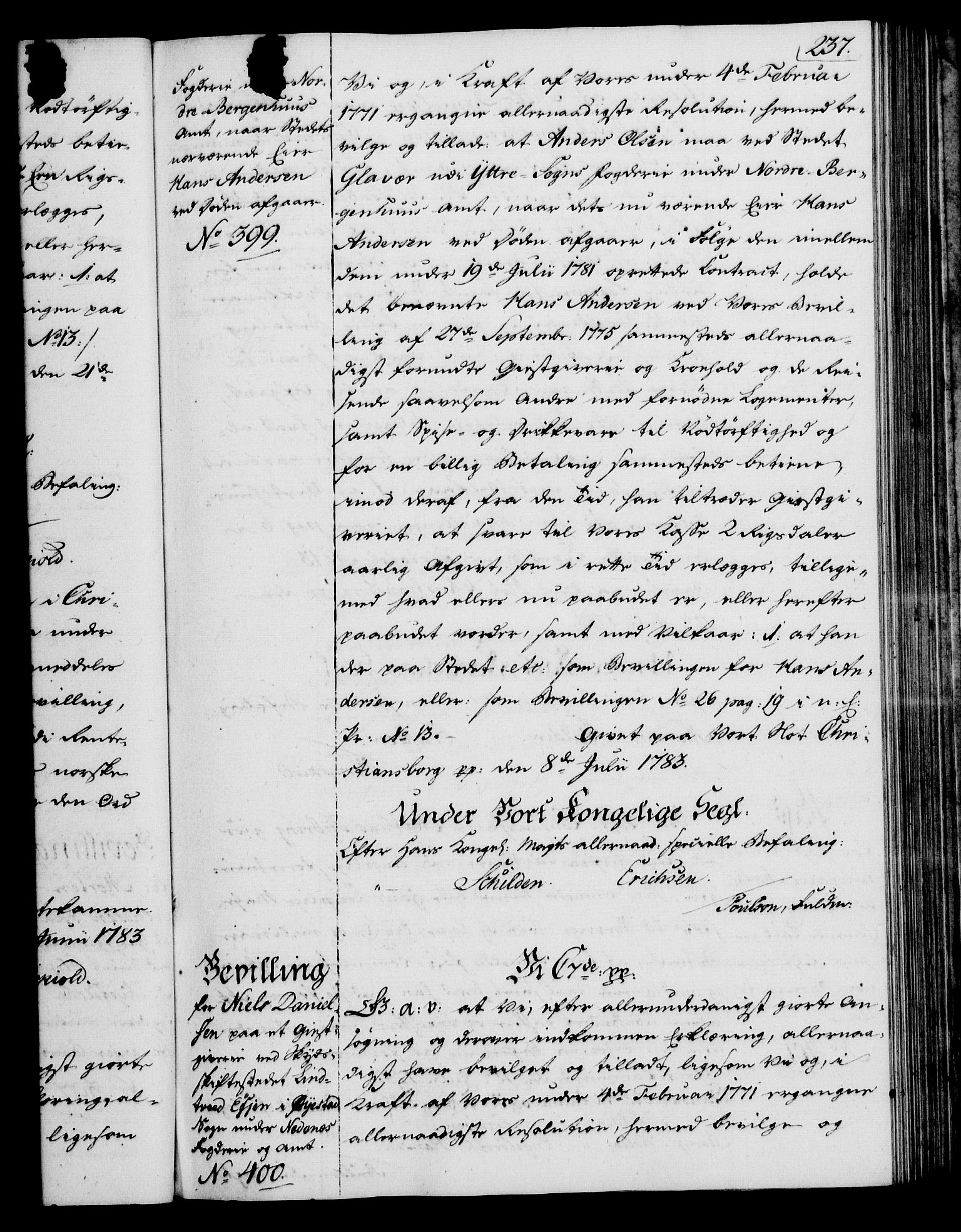 Rentekammeret, Kammerkanselliet, RA/EA-3111/G/Gg/Gga/L0012: Norsk ekspedisjonsprotokoll med register (merket RK 53.12), 1781-1783, p. 237