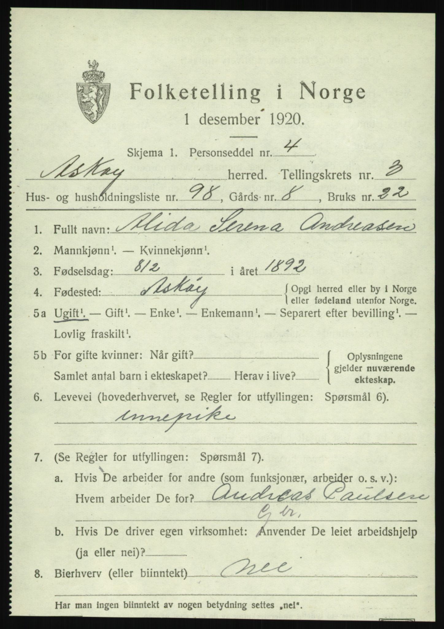 SAB, 1920 census for Askøy, 1920, p. 7546