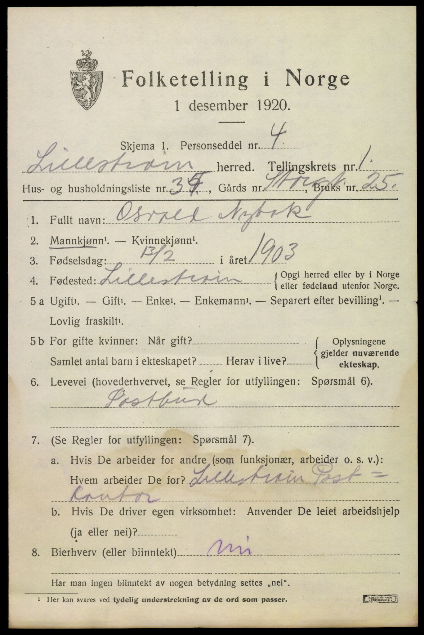SAO, 1920 census for Lillestrøm, 1920, p. 2030