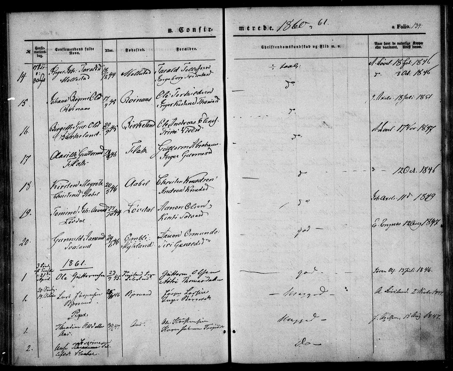 Birkenes sokneprestkontor, AV/SAK-1111-0004/F/Fa/L0003: Parish register (official) no. A 3, 1850-1866, p. 134