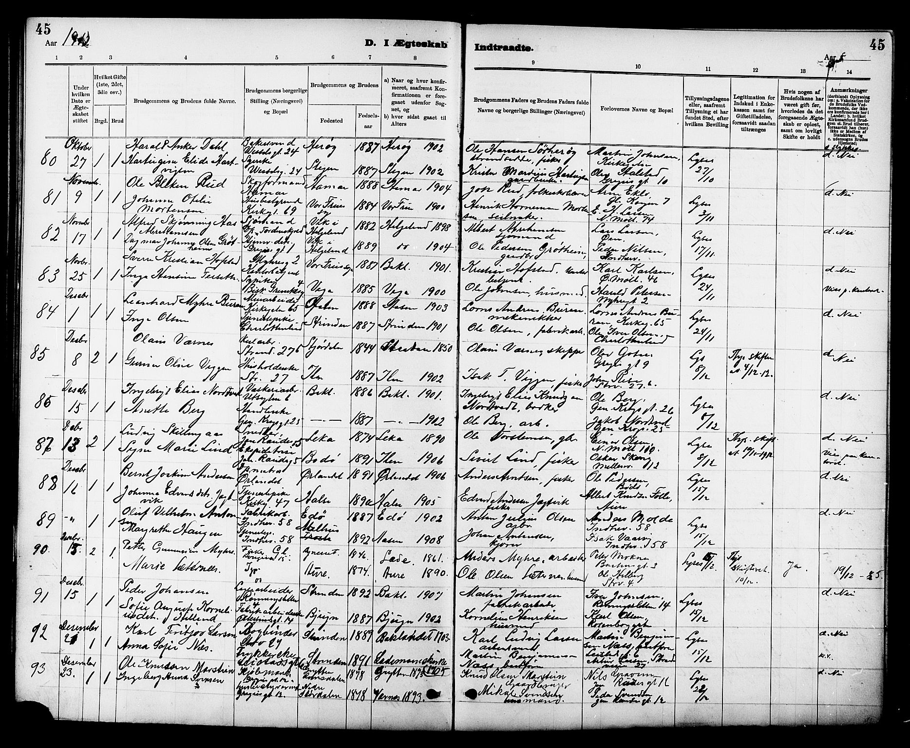 Ministerialprotokoller, klokkerbøker og fødselsregistre - Sør-Trøndelag, SAT/A-1456/605/L0255: Parish register (copy) no. 605C02, 1908-1918, p. 45