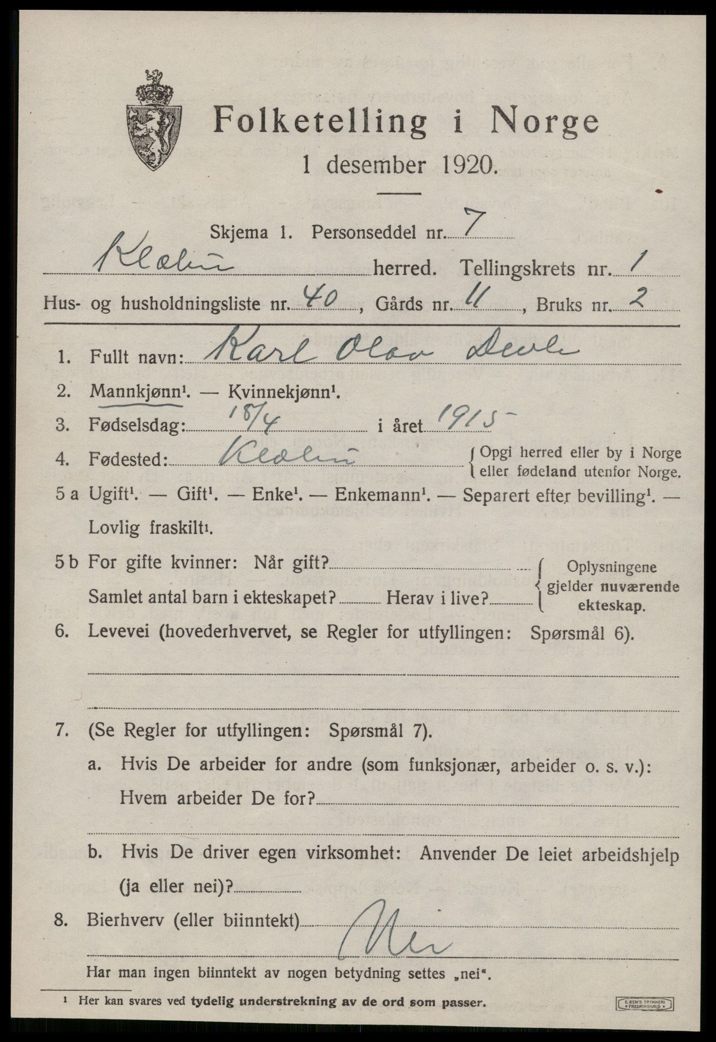 SAT, 1920 census for Klæbu, 1920, p. 898