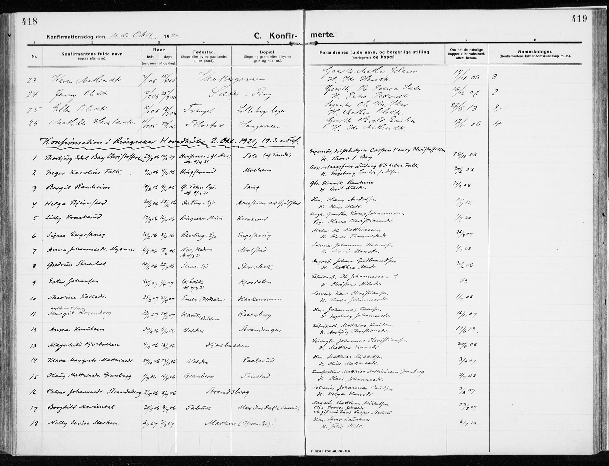 Ringsaker prestekontor, AV/SAH-PREST-014/K/Ka/L0020: Parish register (official) no. 20, 1913-1922, p. 418-419