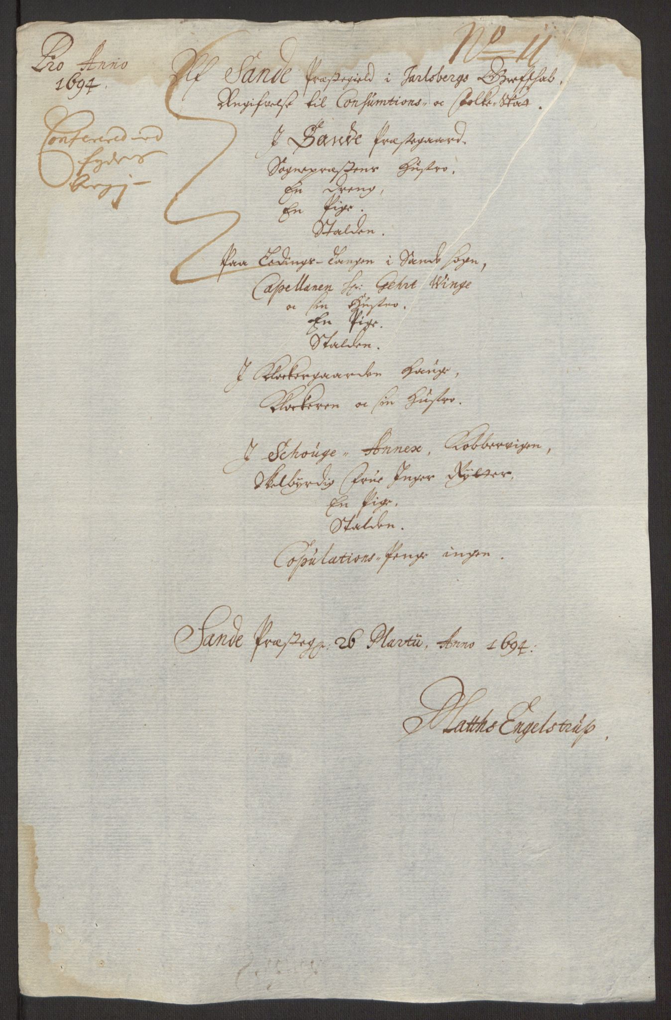 Rentekammeret inntil 1814, Reviderte regnskaper, Fogderegnskap, AV/RA-EA-4092/R32/L1867: Fogderegnskap Jarlsberg grevskap, 1694-1696, p. 44