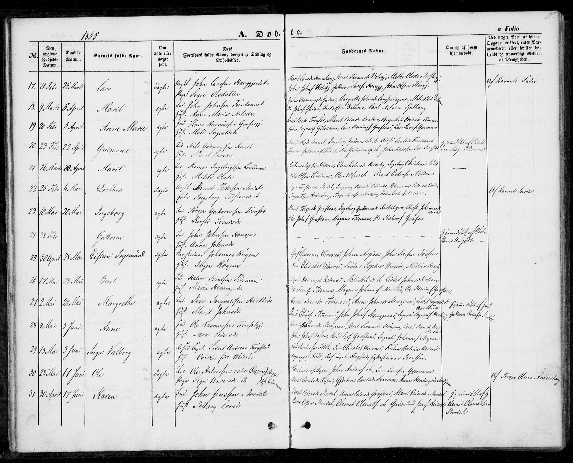 Ministerialprotokoller, klokkerbøker og fødselsregistre - Nord-Trøndelag, AV/SAT-A-1458/706/L0040: Parish register (official) no. 706A01, 1850-1861, p. 17