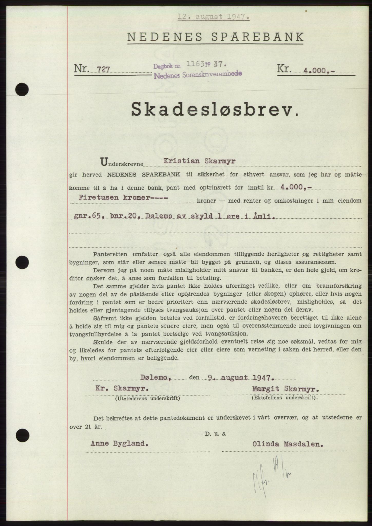 Nedenes sorenskriveri, AV/SAK-1221-0006/G/Gb/Gbb/L0004: Mortgage book no. B4, 1947-1947, Diary no: : 1163/1947