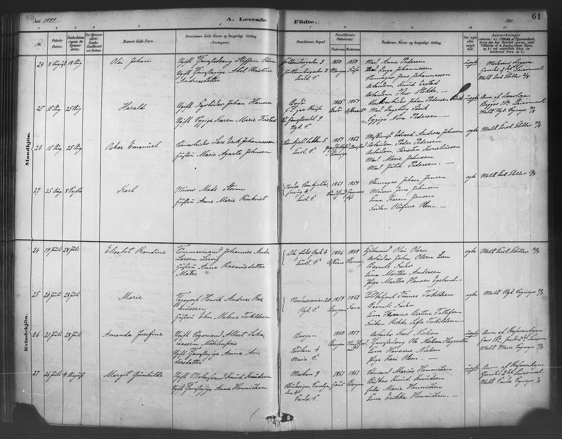 Fødselsstiftelsens sokneprestembete*, SAB/-: Parish register (official) no. A 2, 1884-1900, p. 61
