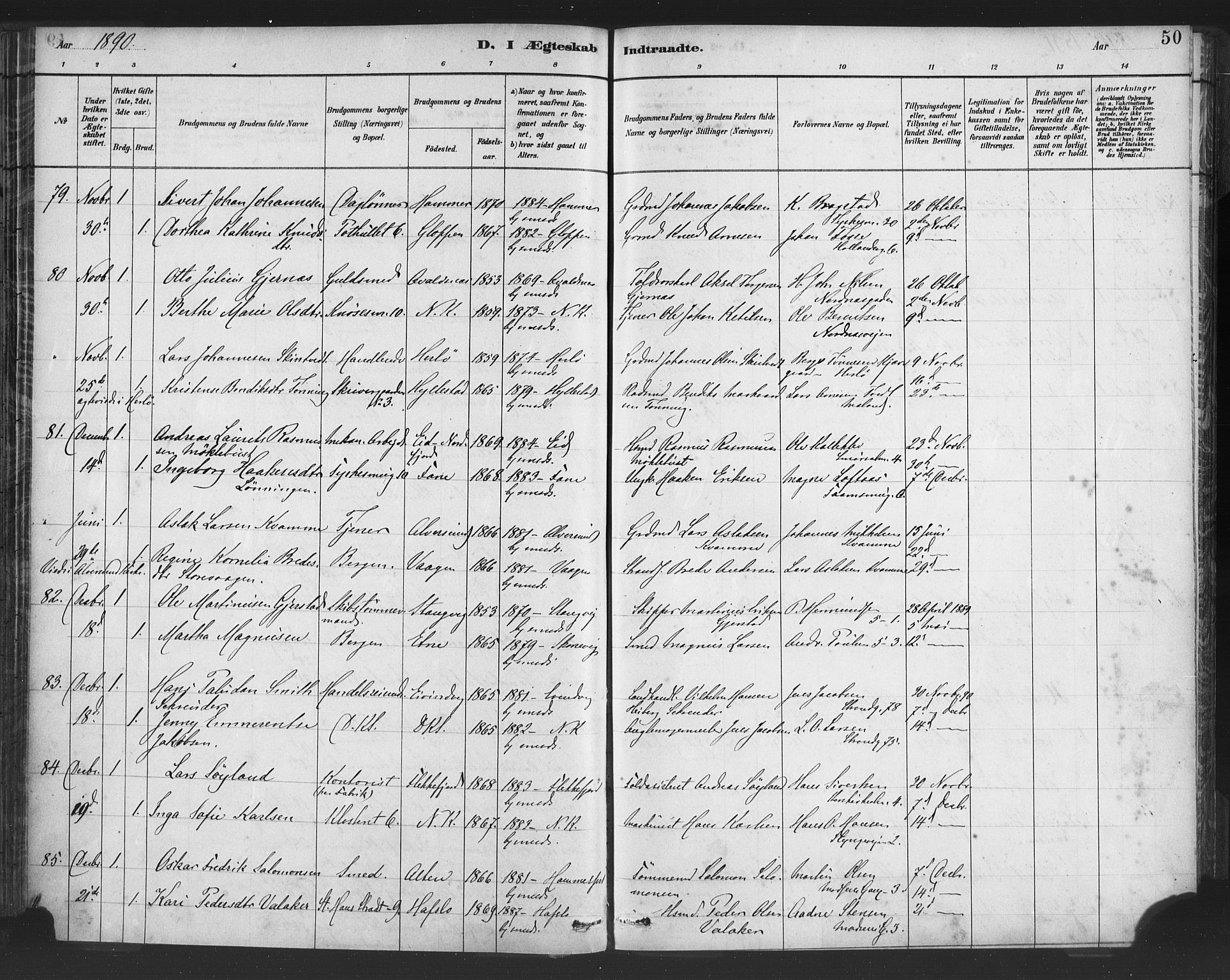 Nykirken Sokneprestembete, AV/SAB-A-77101/H/Haa/L0033: Parish register (official) no. D 3, 1884-1895, p. 50