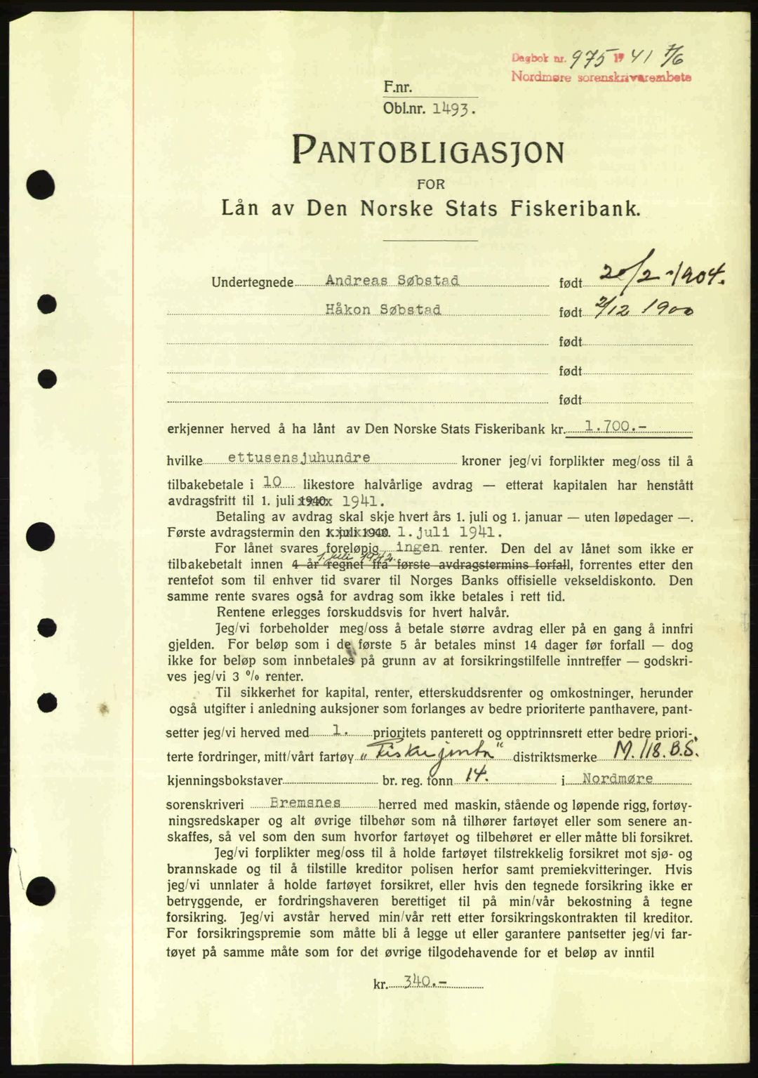 Nordmøre sorenskriveri, AV/SAT-A-4132/1/2/2Ca: Mortgage book no. B88, 1941-1942, Diary no: : 975/1941