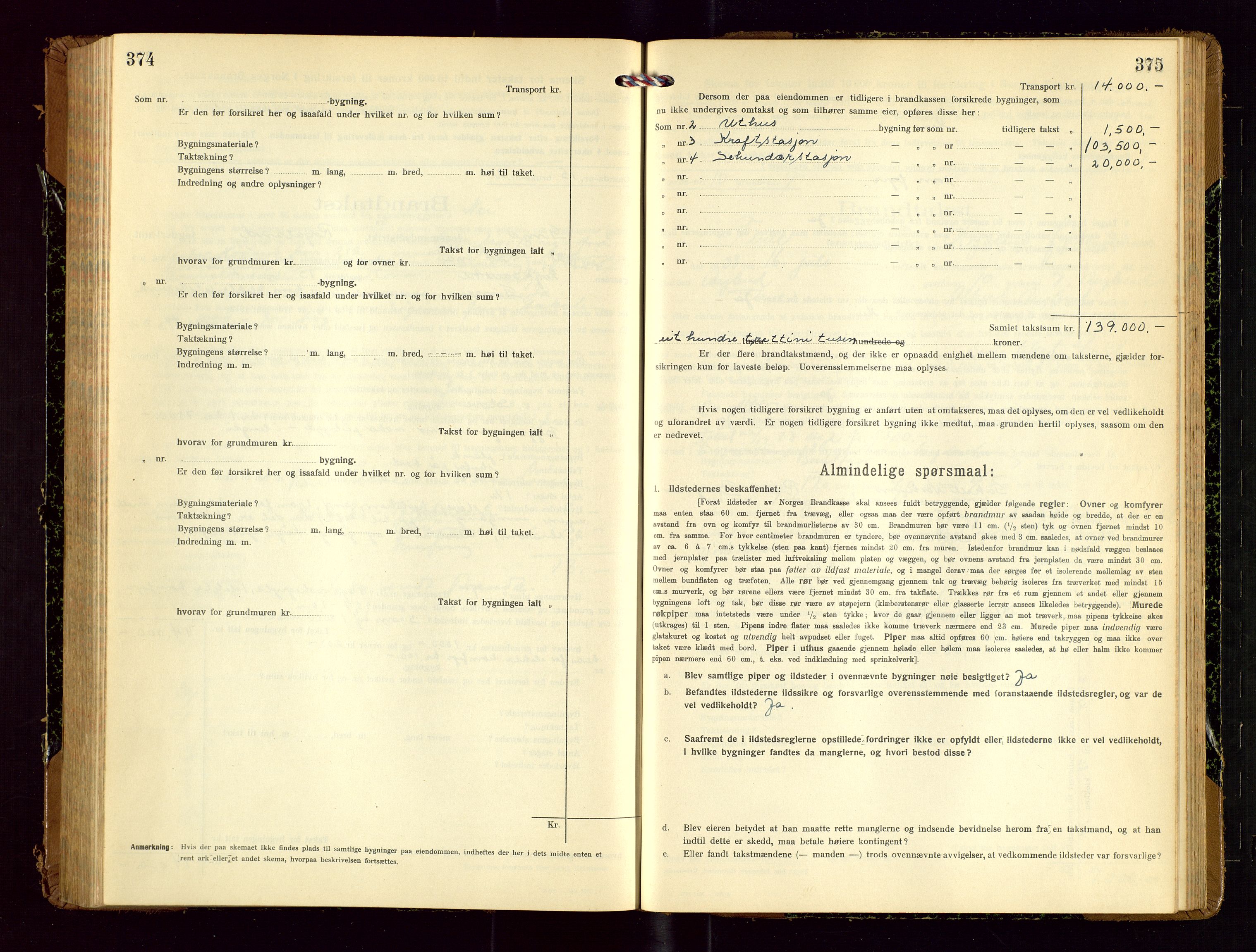 Time lensmannskontor, AV/SAST-A-100420/Gob/L0002: Branntakstprotokoll, 1919-1952, p. 374-375