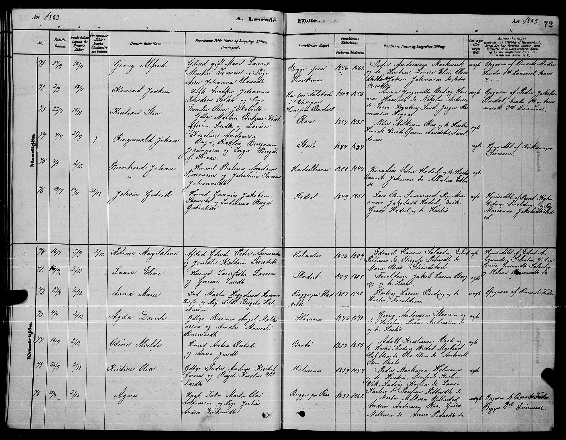 Ministerialprotokoller, klokkerbøker og fødselsregistre - Nordland, AV/SAT-A-1459/888/L1267: Parish register (copy) no. 888C05, 1878-1890, p. 72