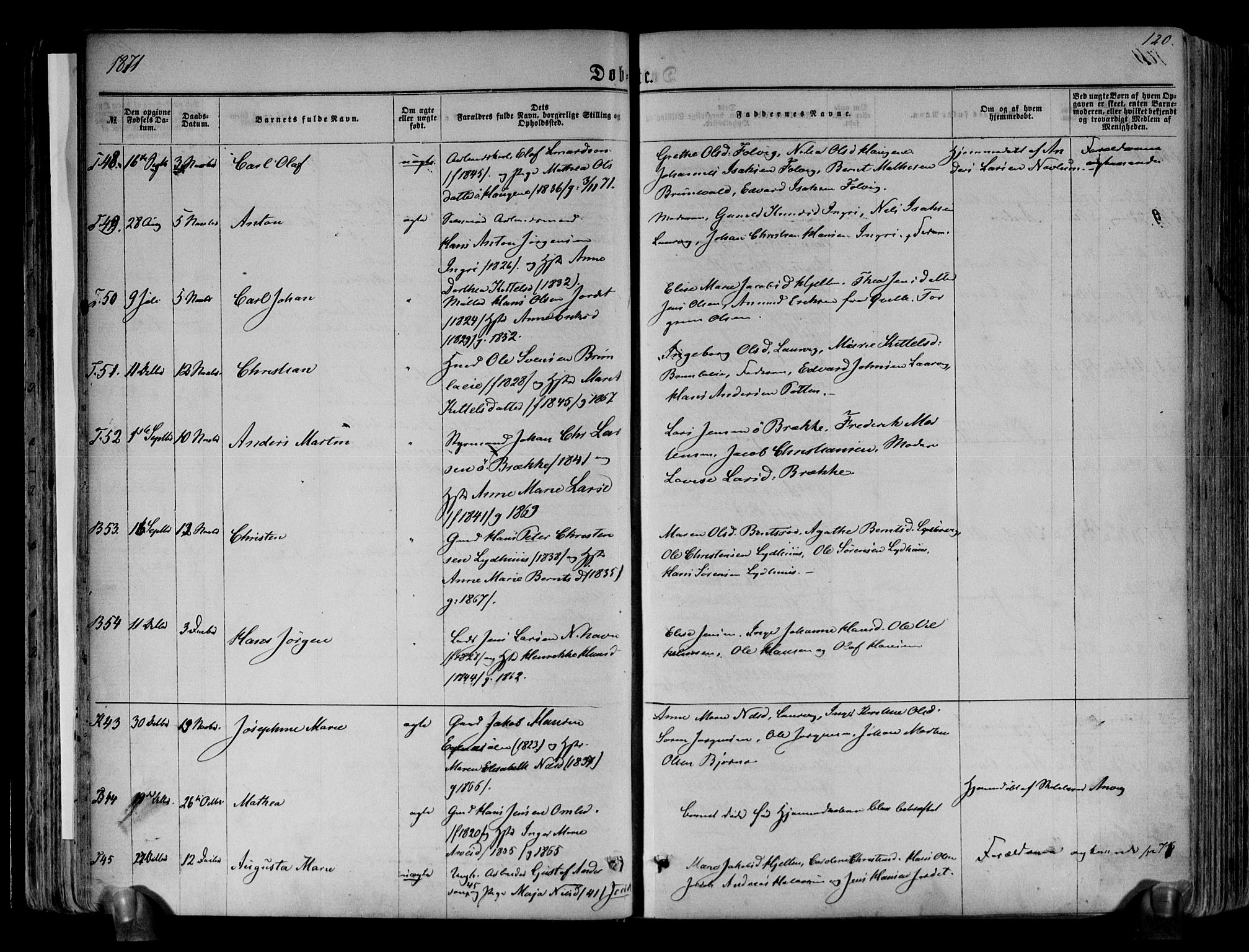 Brunlanes kirkebøker, AV/SAKO-A-342/F/Fa/L0005: Parish register (official) no. I 5, 1862-1877, p. 120