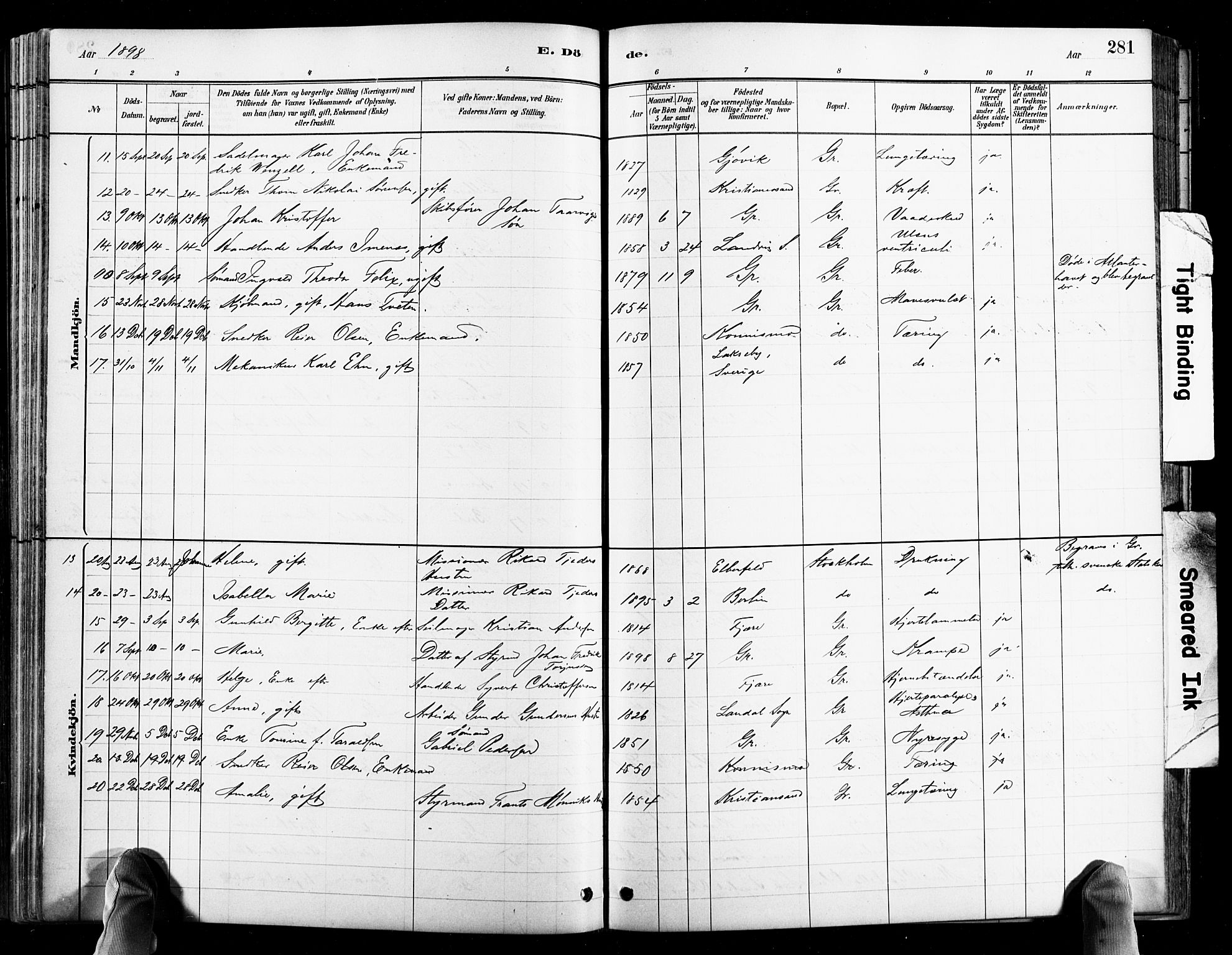 Grimstad sokneprestkontor, SAK/1111-0017/F/Fb/L0001: Parish register (copy) no. B 1, 1881-1922, p. 281