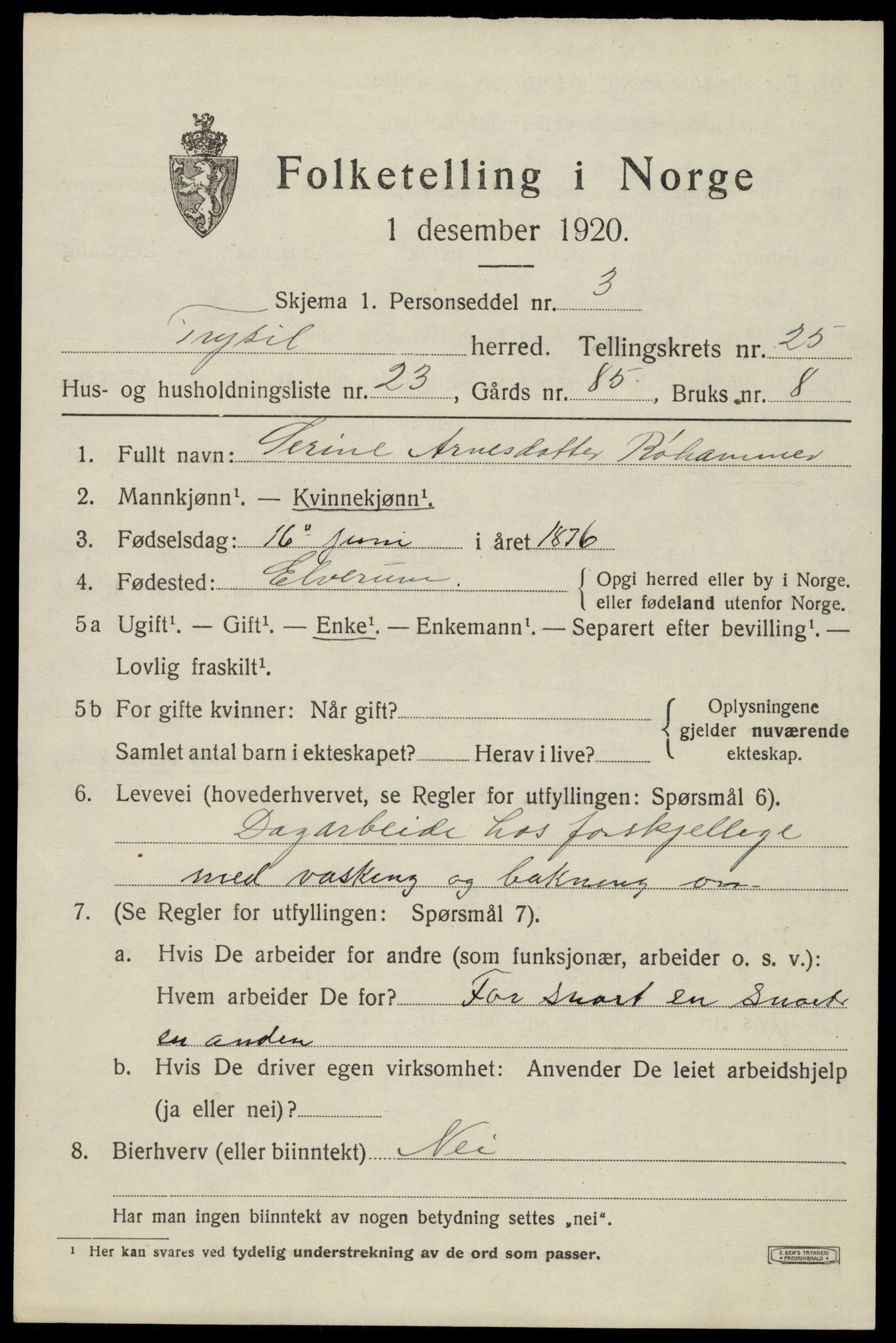 SAH, 1920 census for Trysil, 1920, p. 15967