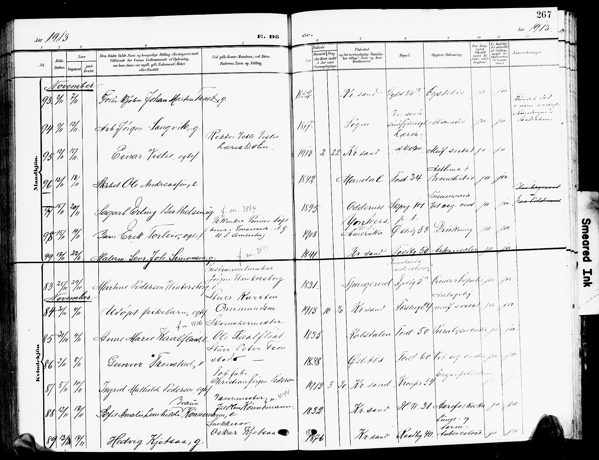 Kristiansand domprosti, AV/SAK-1112-0006/F/Fb/L0020: Parish register (copy) no. B 20, 1906-1915, p. 267