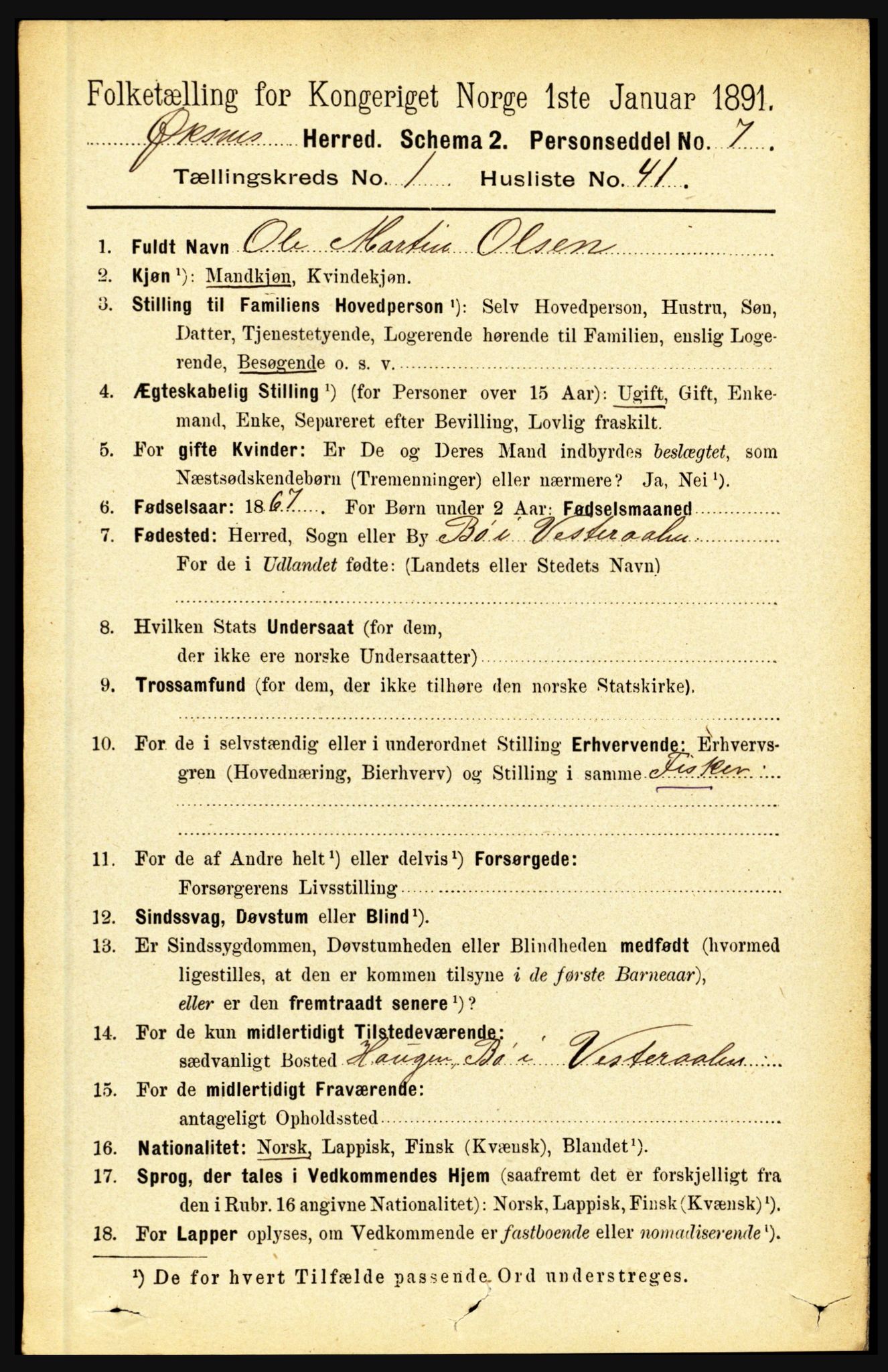 RA, 1891 census for 1868 Øksnes, 1891, p. 423