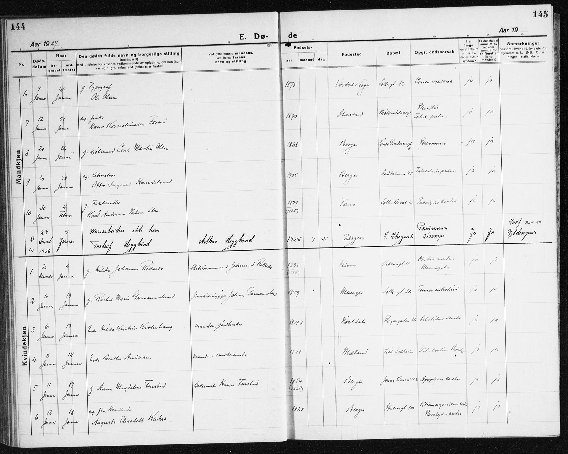 Årstad Sokneprestembete, AV/SAB-A-79301/H/Haa/L0010: Parish register (official) no. E 1, 1921-1940, p. 144-145