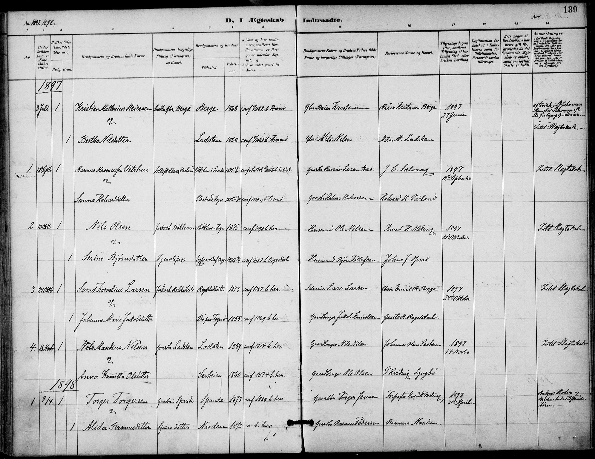 Finnøy sokneprestkontor, AV/SAST-A-101825/H/Ha/Haa/L0011: Parish register (official) no. A 11, 1891-1910, p. 139