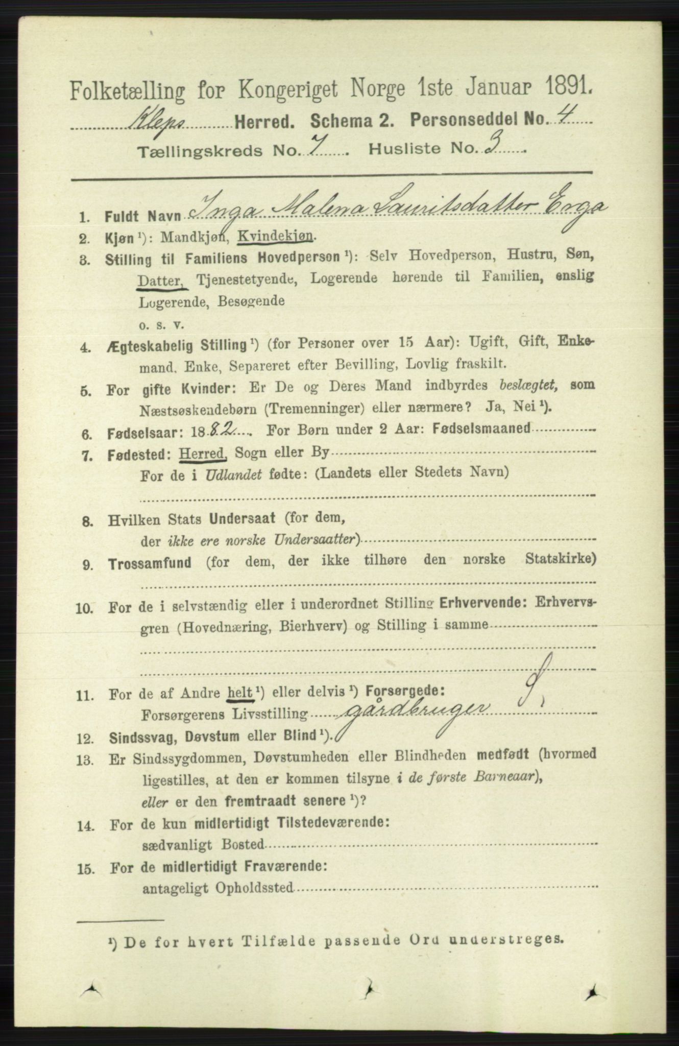 RA, 1891 census for 1120 Klepp, 1891, p. 2129