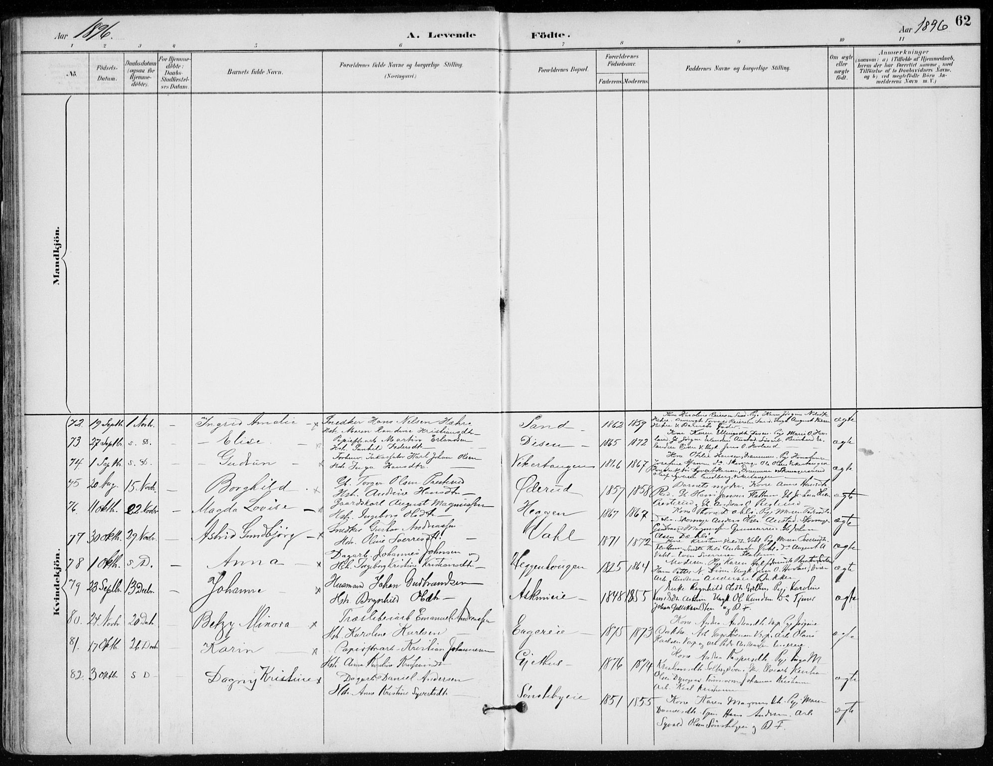 Modum kirkebøker, AV/SAKO-A-234/F/Fa/L0012: Parish register (official) no. 12, 1890-1898, p. 62