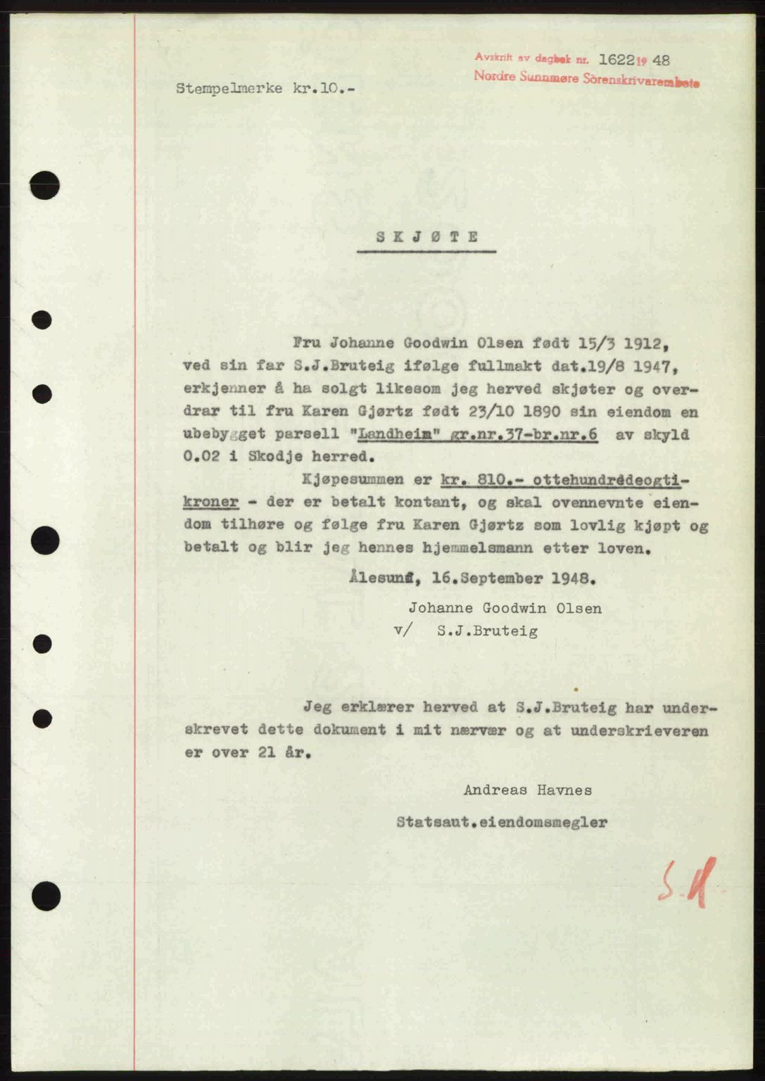 Nordre Sunnmøre sorenskriveri, AV/SAT-A-0006/1/2/2C/2Ca: Mortgage book no. A28, 1948-1948, Diary no: : 1622/1948