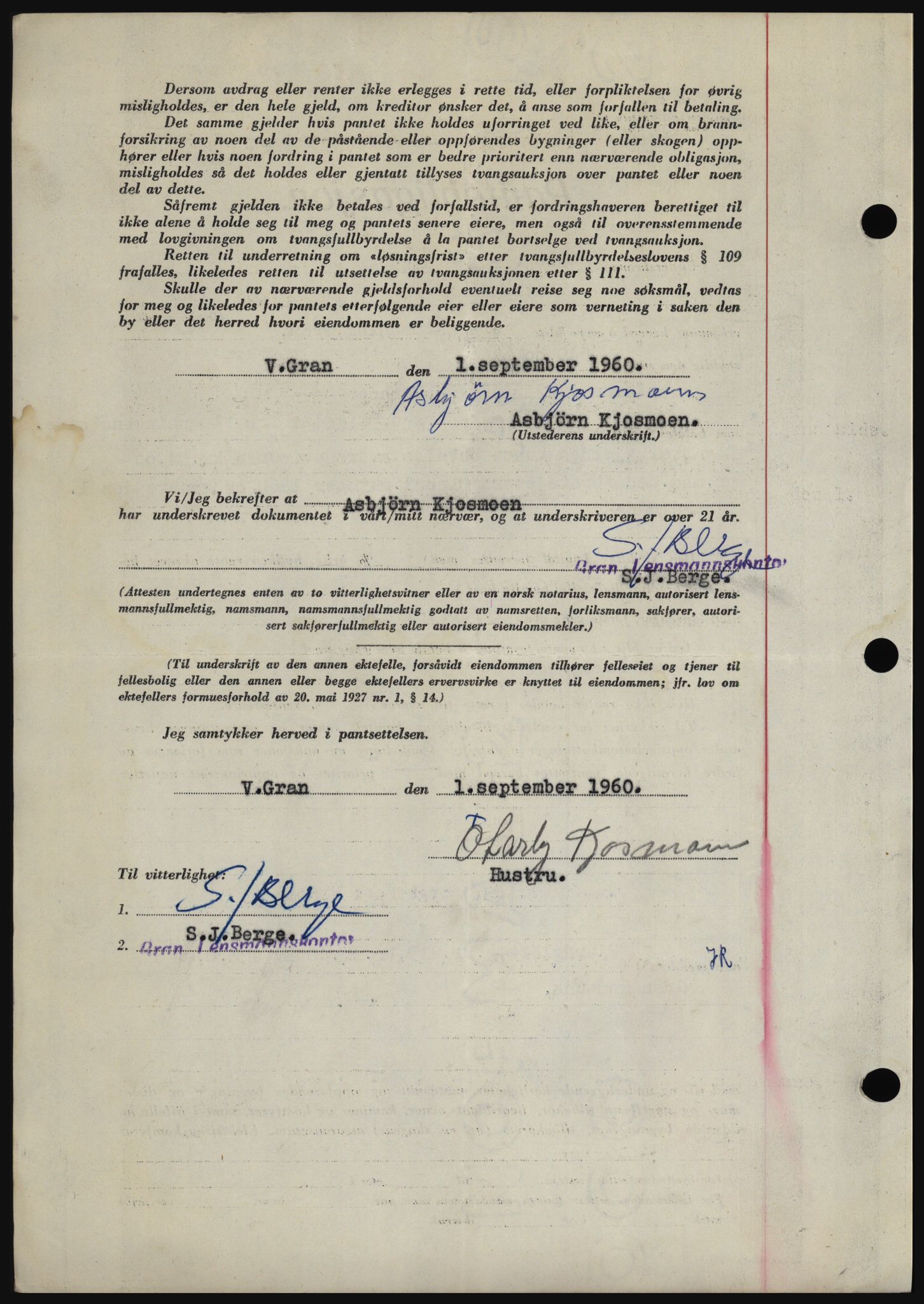 Hadeland og Land tingrett, SAH/TING-010/H/Hb/Hbc/L0043: Mortgage book no. B43, 1960-1960, Diary no: : 3389/1960