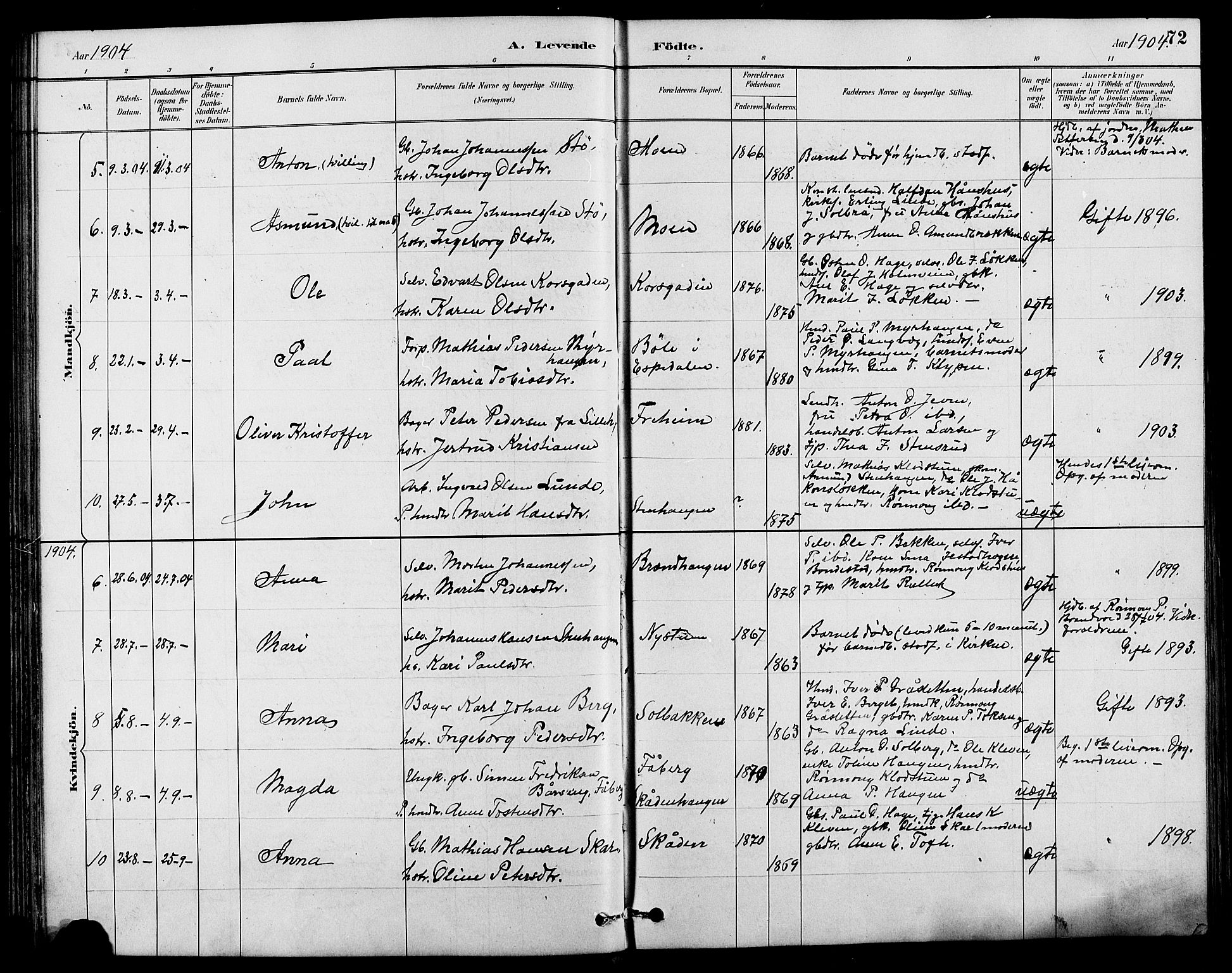 Nord-Fron prestekontor, SAH/PREST-080/H/Ha/Hab/L0004: Parish register (copy) no. 4, 1884-1914, p. 72