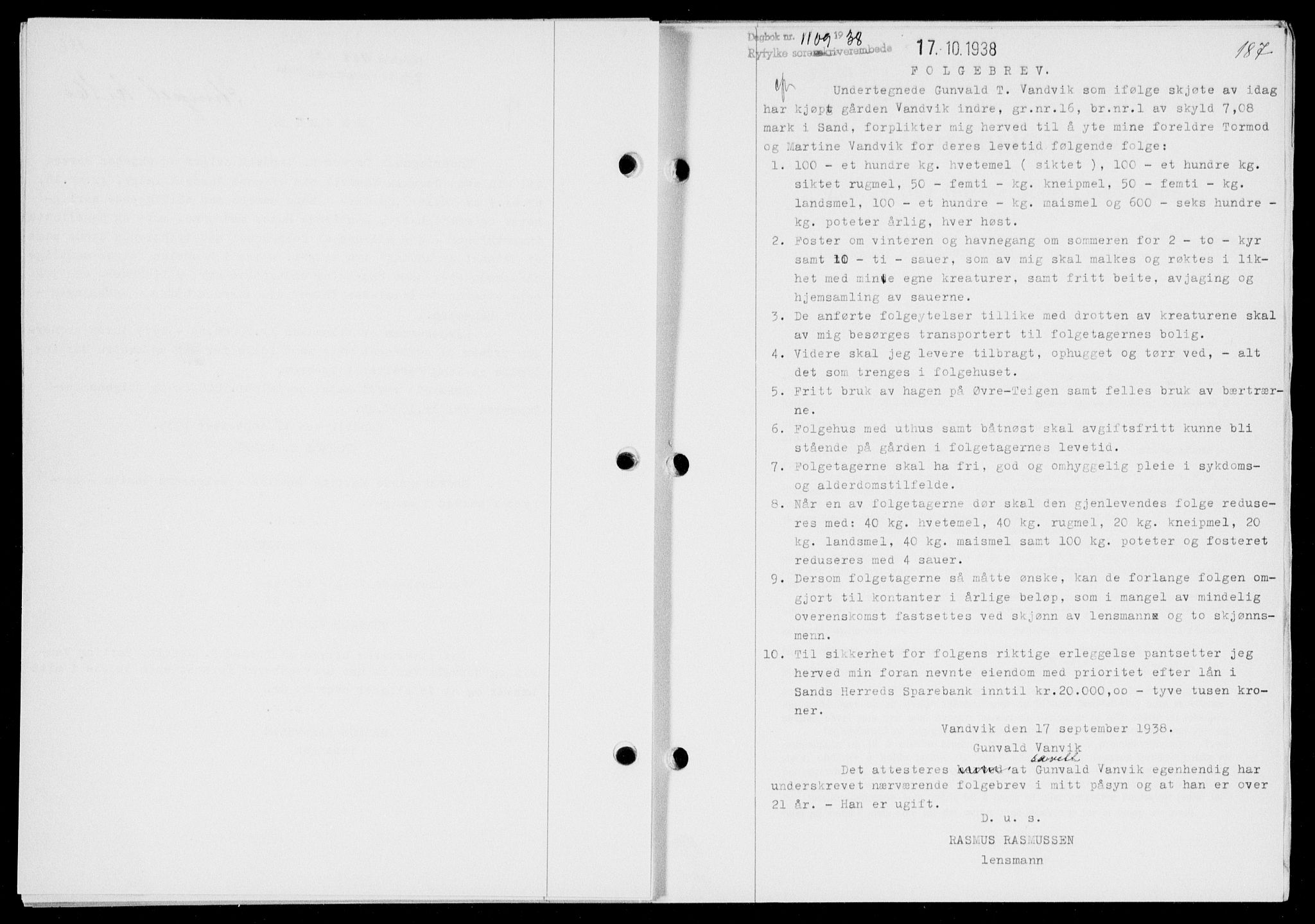 Ryfylke tingrett, SAST/A-100055/001/II/IIB/L0078: Mortgage book no. 57, 1938-1938, Diary no: : 1109/1938