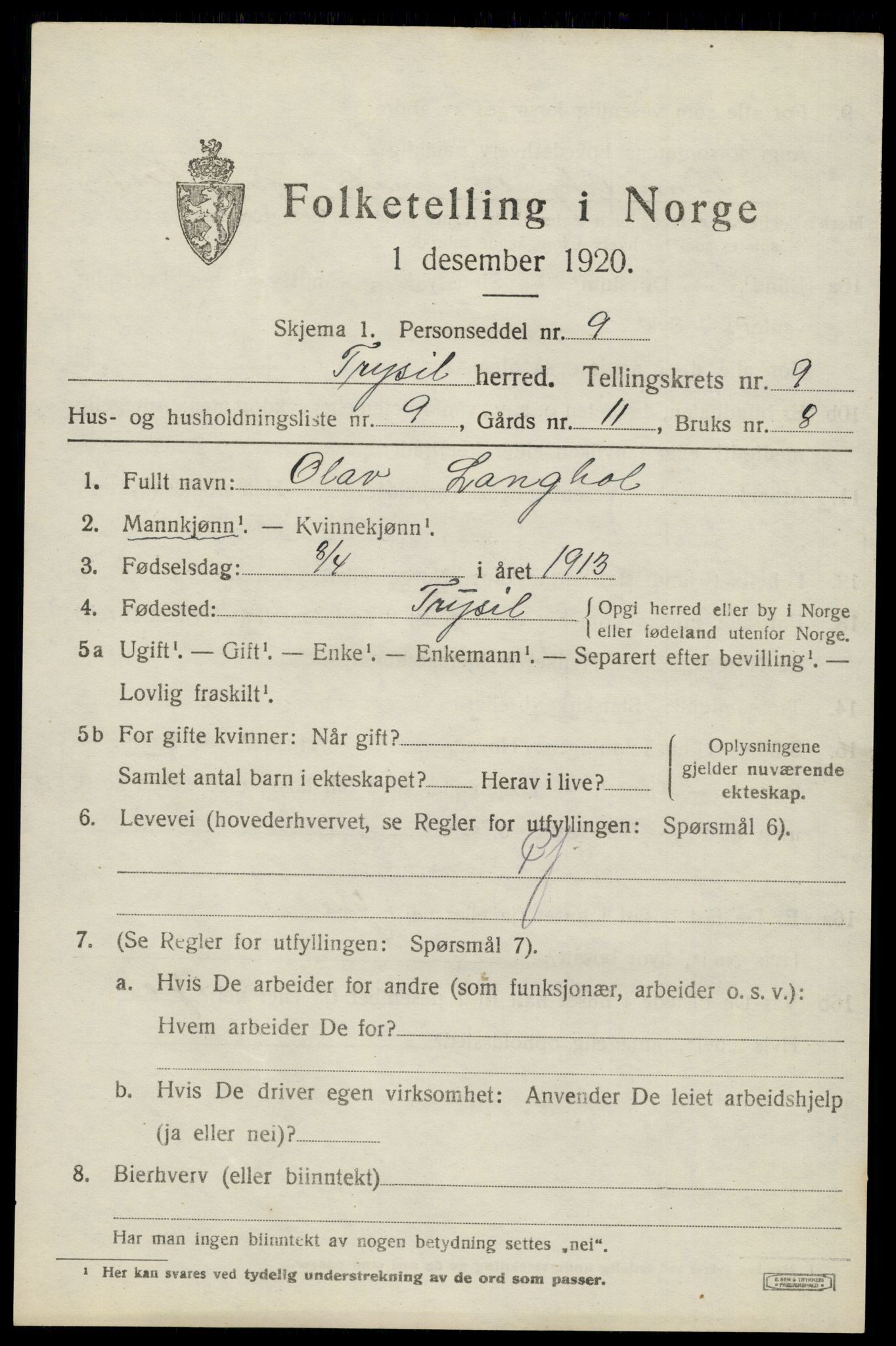 SAH, 1920 census for Trysil, 1920, p. 6659