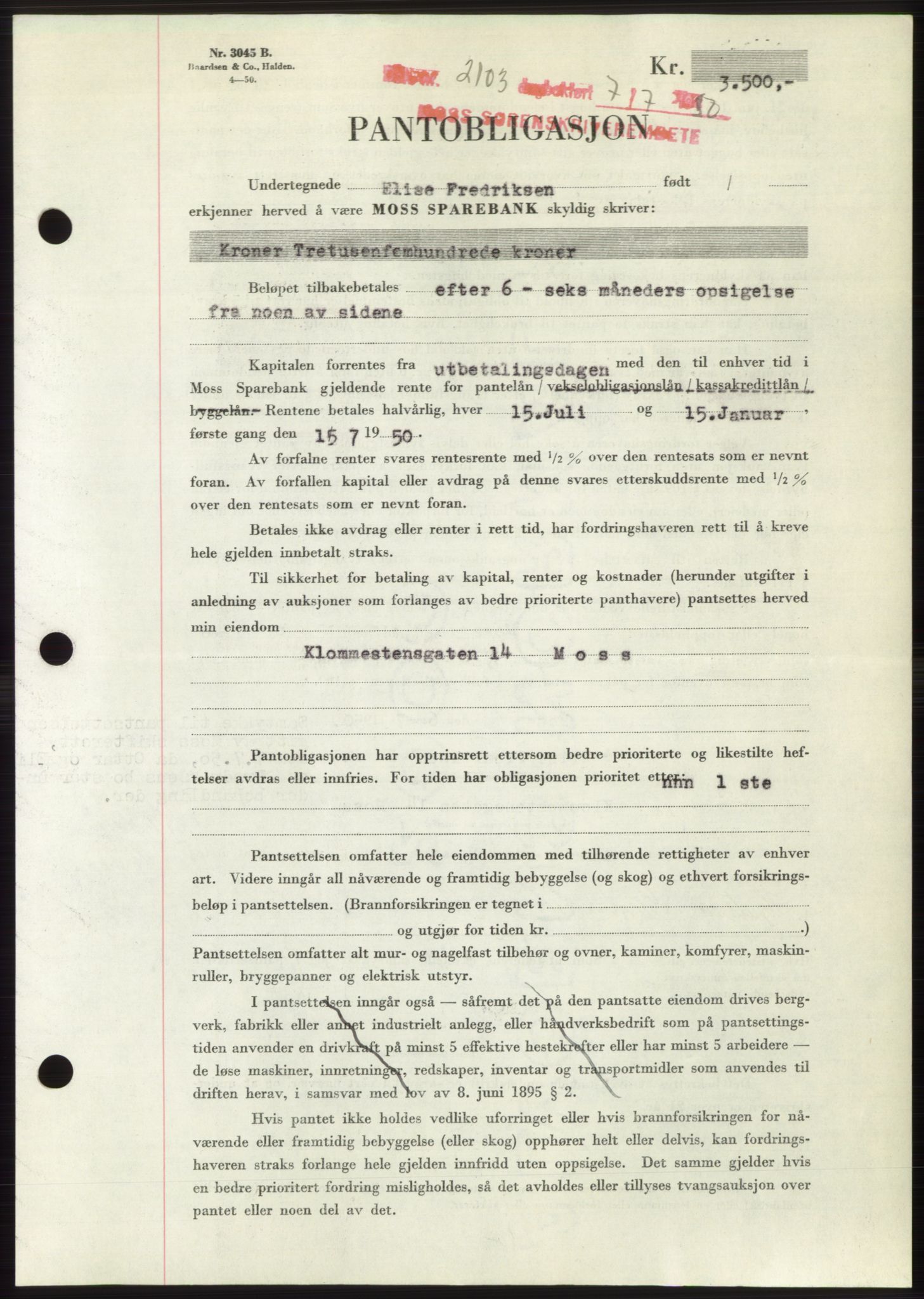 Moss sorenskriveri, AV/SAO-A-10168: Mortgage book no. B24, 1950-1950, Diary no: : 2103/1950