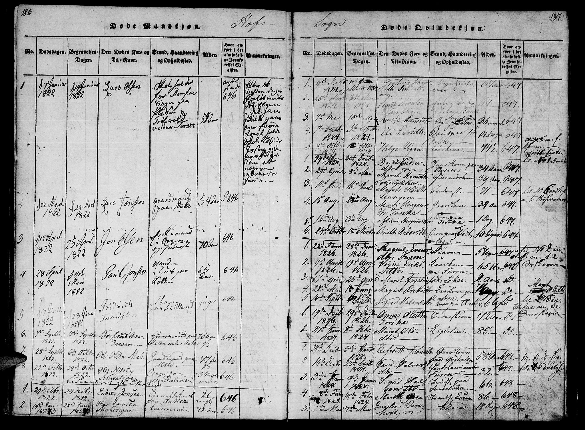 Ministerialprotokoller, klokkerbøker og fødselsregistre - Møre og Romsdal, SAT/A-1454/590/L1009: Parish register (official) no. 590A03 /1, 1819-1832, p. 186-187