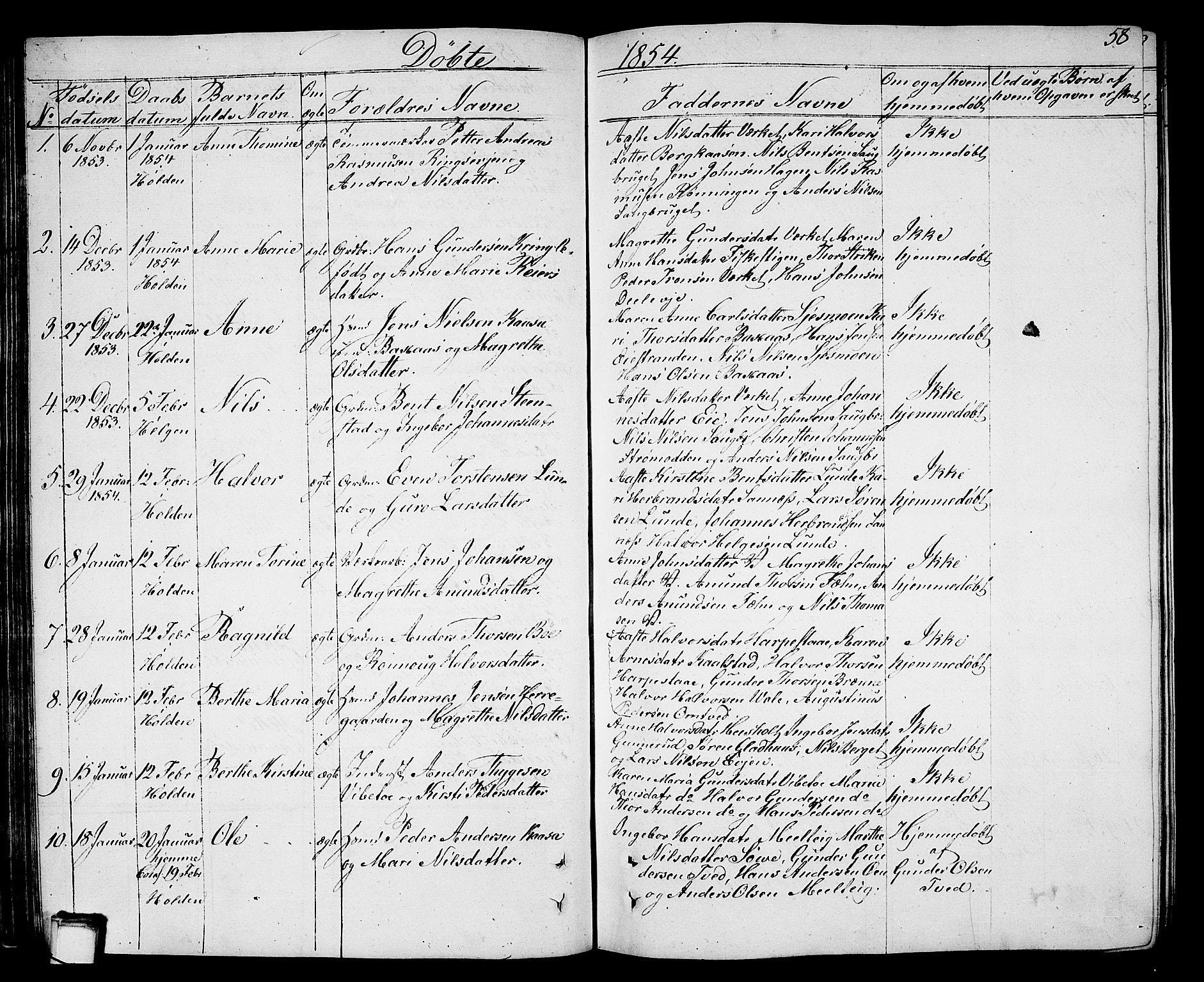 Holla kirkebøker, SAKO/A-272/G/Ga/L0003: Parish register (copy) no. I 3, 1849-1866, p. 58