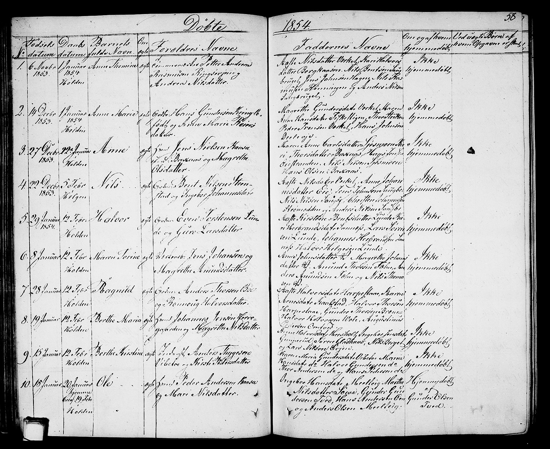Holla kirkebøker, AV/SAKO-A-272/G/Ga/L0003: Parish register (copy) no. I 3, 1849-1866, p. 58