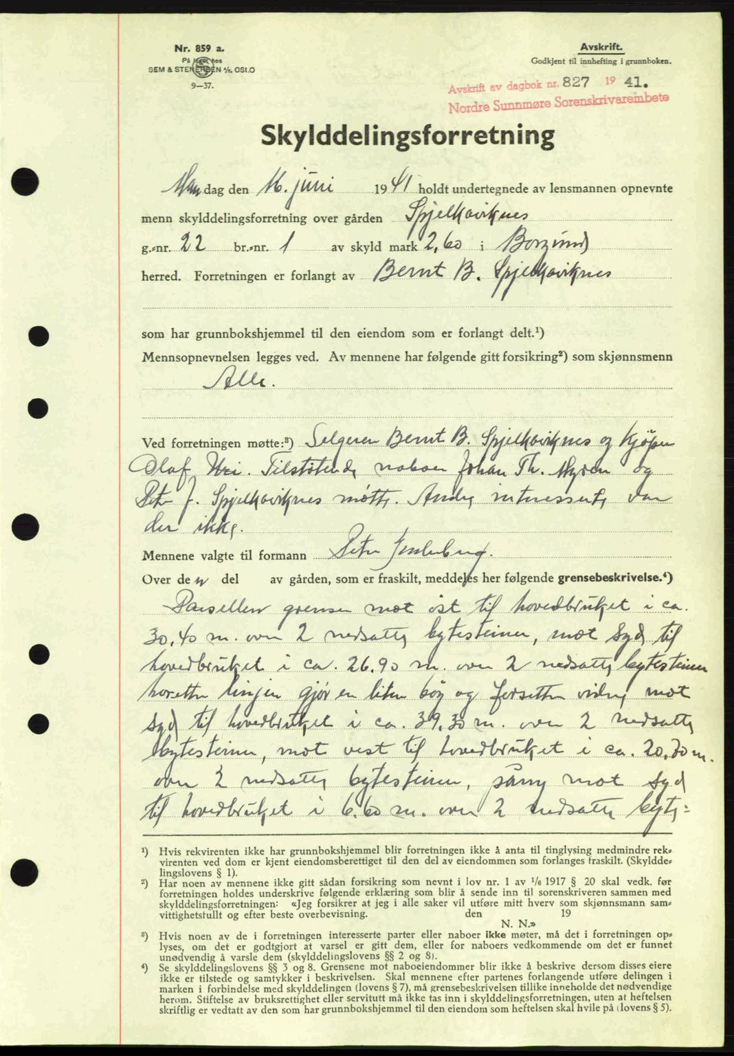 Nordre Sunnmøre sorenskriveri, SAT/A-0006/1/2/2C/2Ca: Mortgage book no. A11, 1941-1941, Diary no: : 827/1941