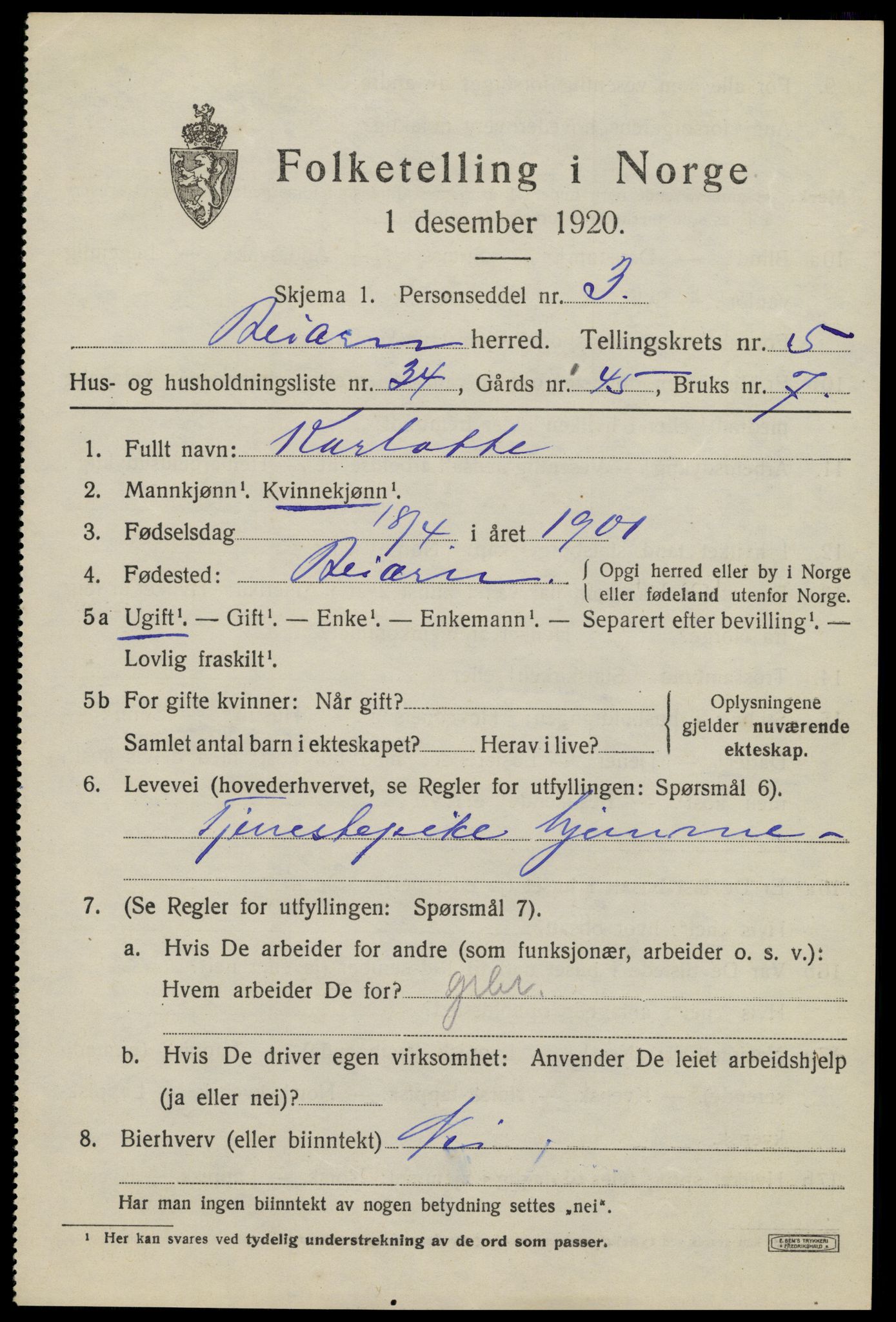 SAT, 1920 census for Beiarn, 1920, p. 2858