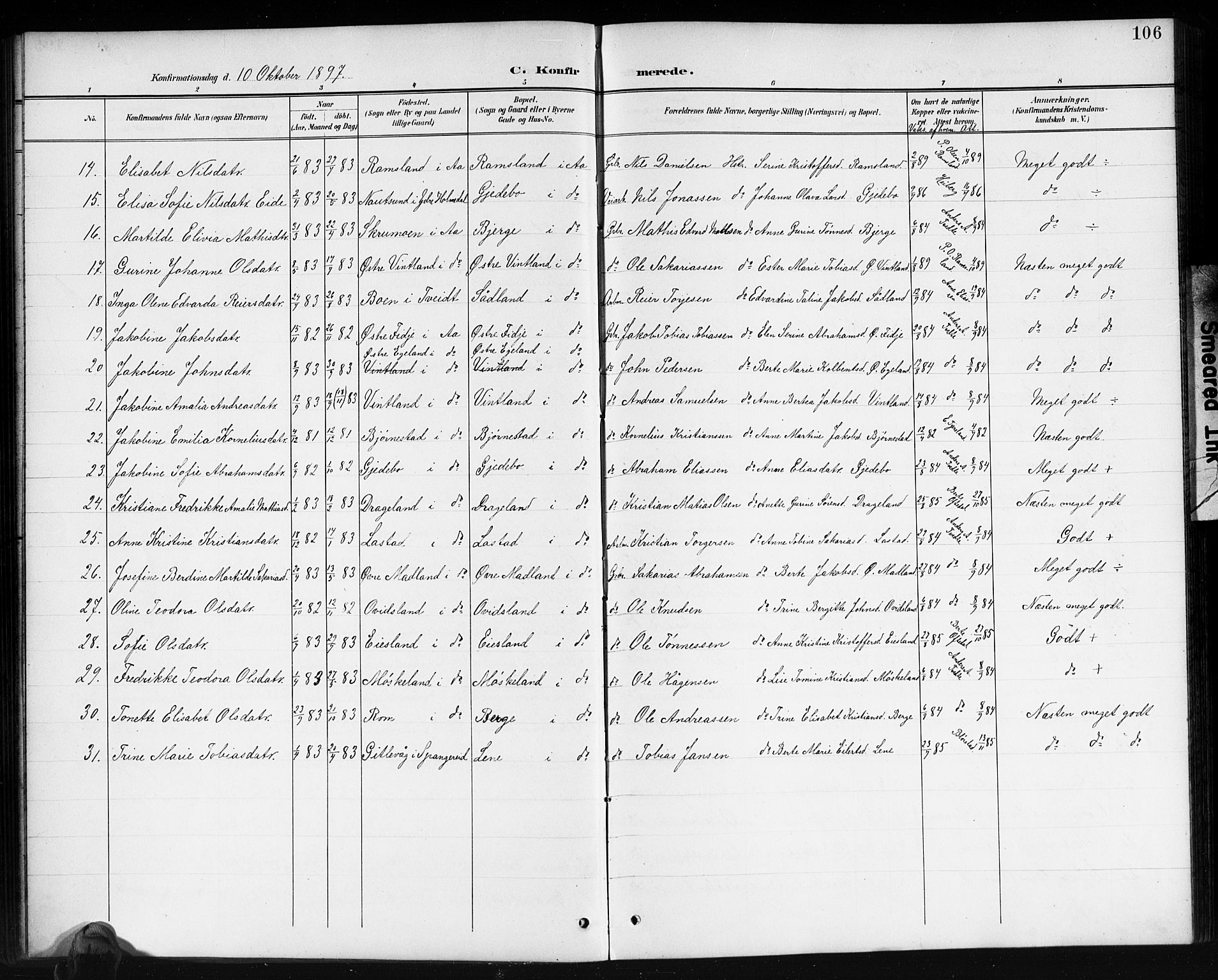 Lyngdal sokneprestkontor, AV/SAK-1111-0029/F/Fb/Fbc/L0005: Parish register (copy) no. B 5, 1897-1913, p. 106