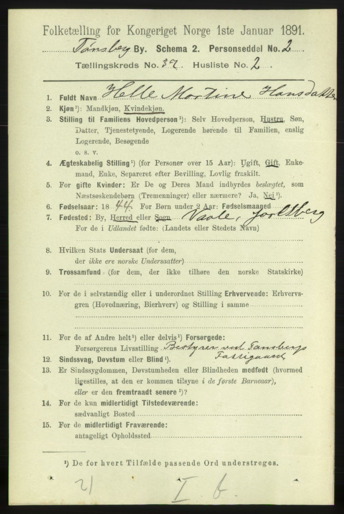 RA, 1891 census for 0705 Tønsberg, 1891, p. 7991