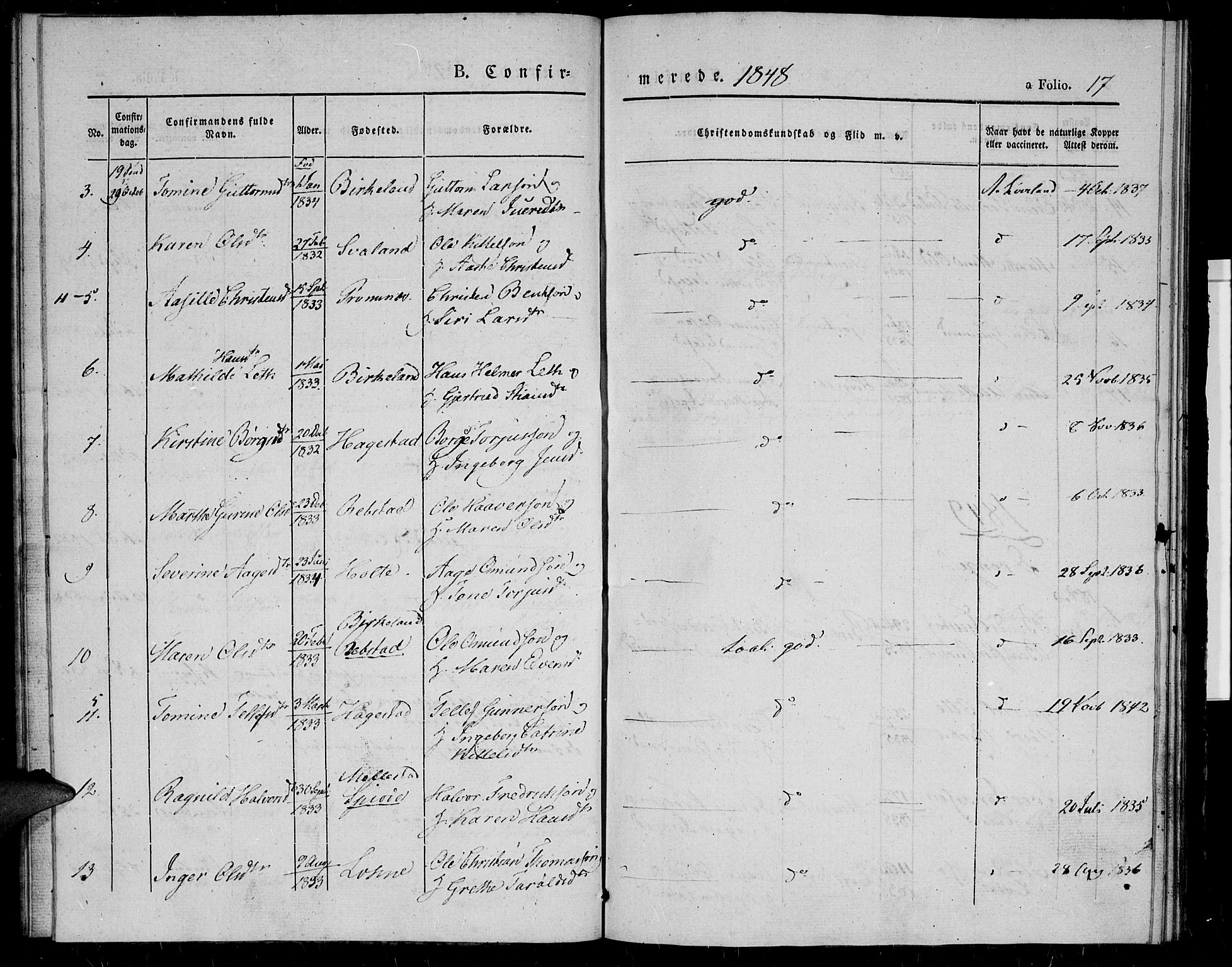 Birkenes sokneprestkontor, SAK/1111-0004/F/Fa/L0002: Parish register (official) no. A 2, 1839-1849, p. 17