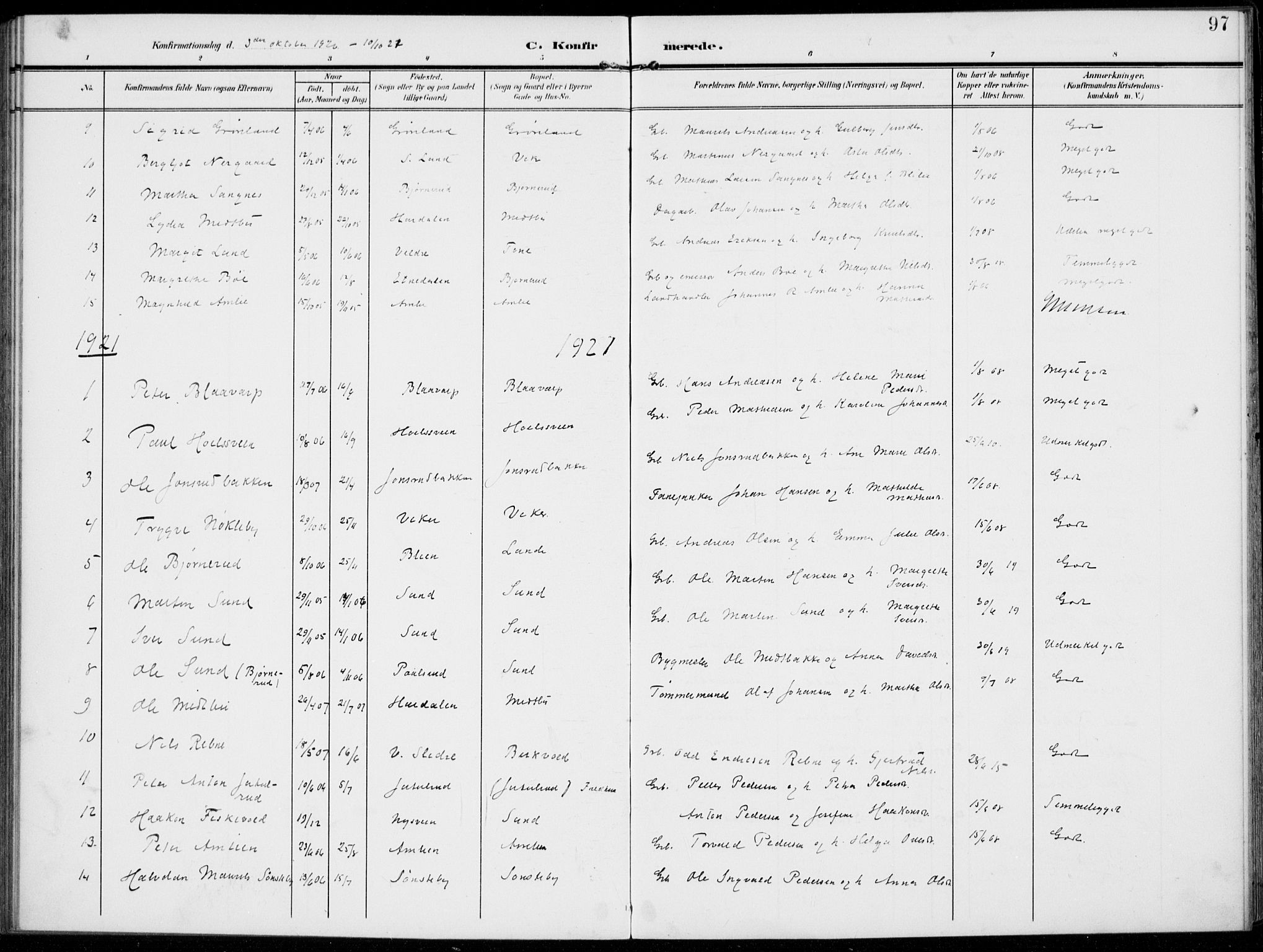 Kolbu prestekontor, SAH/PREST-110/H/Ha/Haa/L0001: Parish register (official) no. 1, 1907-1923, p. 97