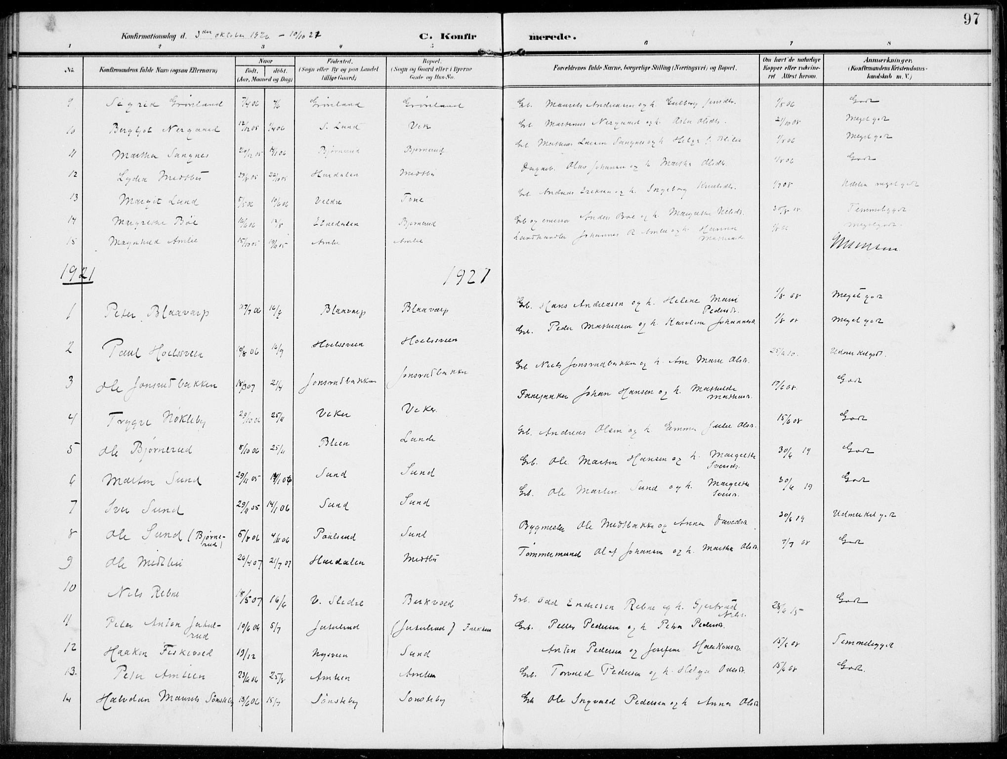 Kolbu prestekontor, AV/SAH-PREST-110/H/Ha/Haa/L0001: Parish register (official) no. 1, 1907-1923, p. 97