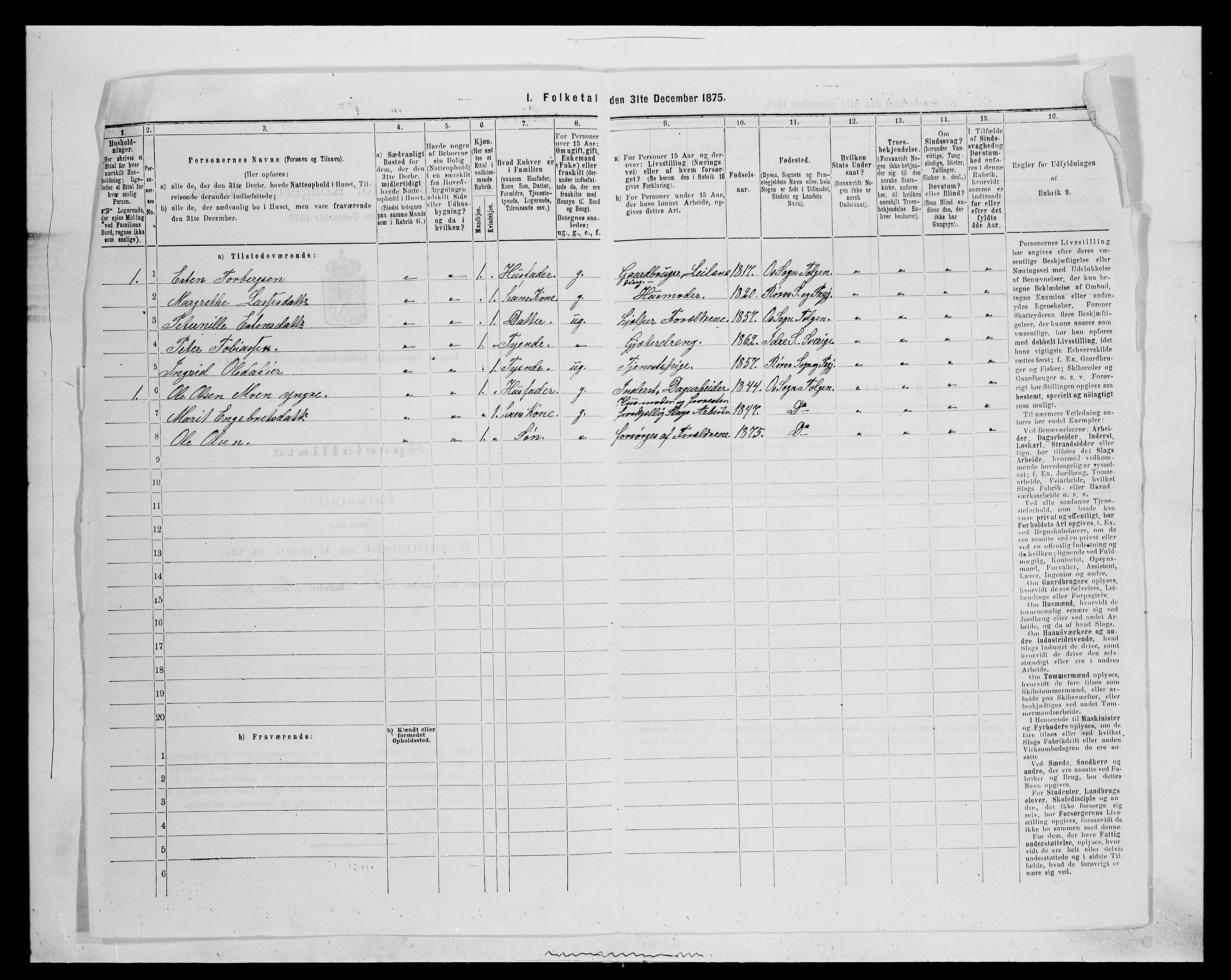 SAH, 1875 census for 0436P Tolga, 1875, p. 696