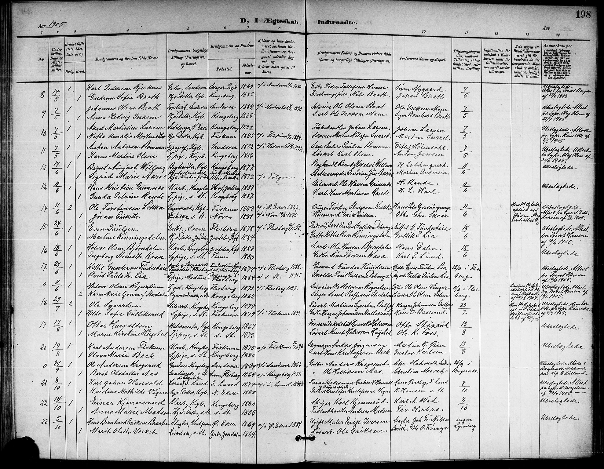 Kongsberg kirkebøker, AV/SAKO-A-22/G/Ga/L0007: Parish register (copy) no. 7, 1901-1915, p. 198