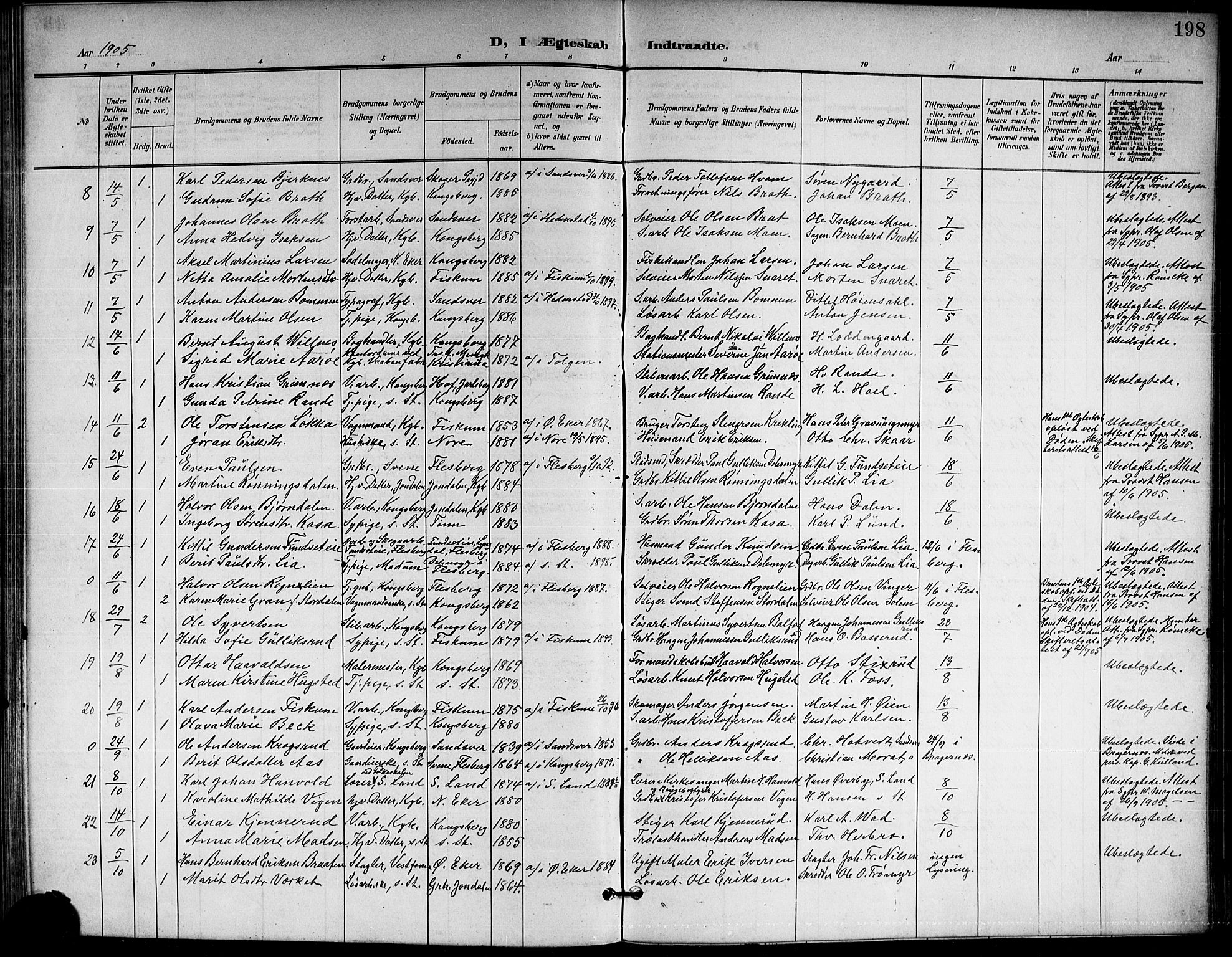 Kongsberg kirkebøker, AV/SAKO-A-22/G/Ga/L0007: Parish register (copy) no. 7, 1901-1915, p. 198