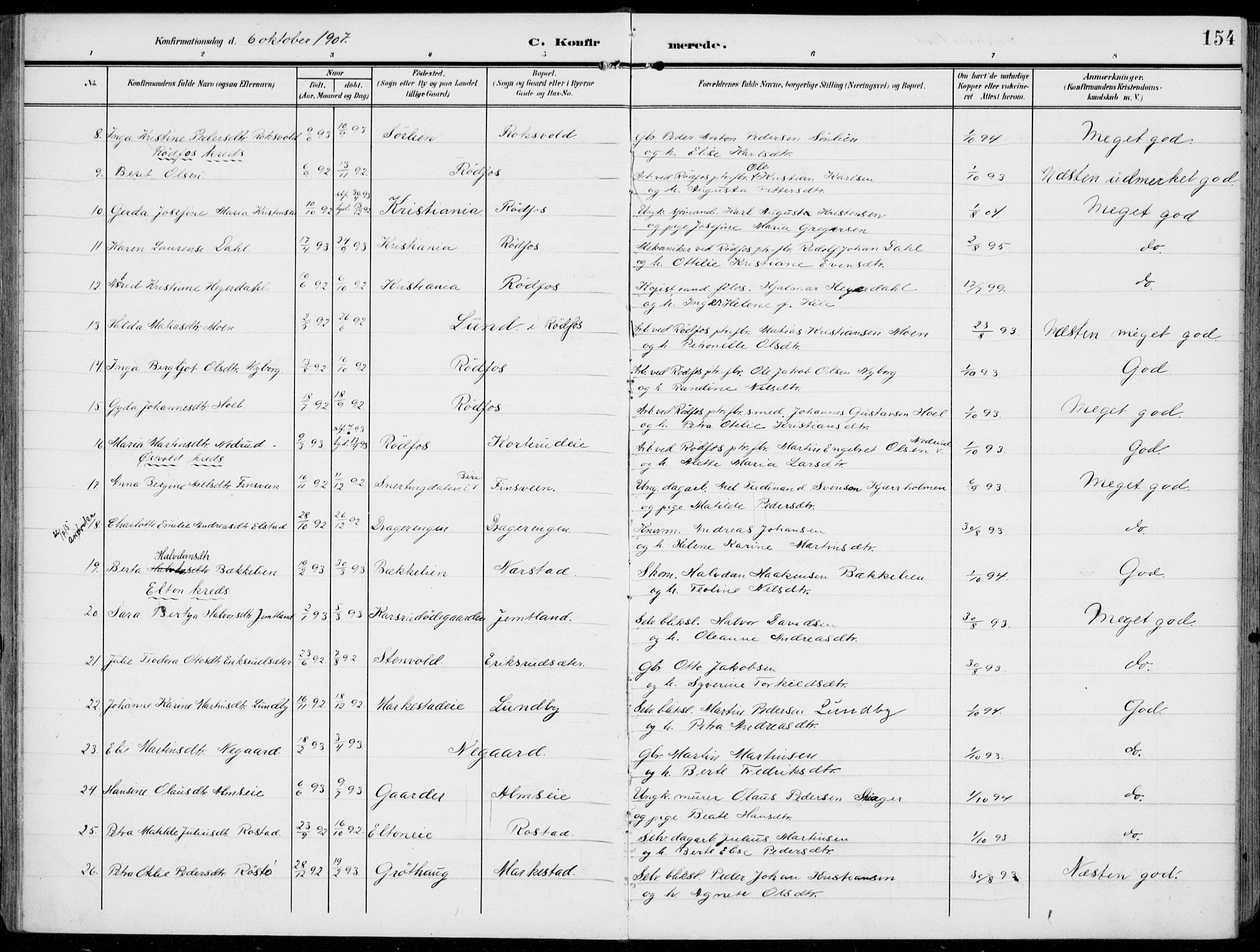 Vestre Toten prestekontor, AV/SAH-PREST-108/H/Ha/Haa/L0014: Parish register (official) no. 14, 1907-1920, p. 154