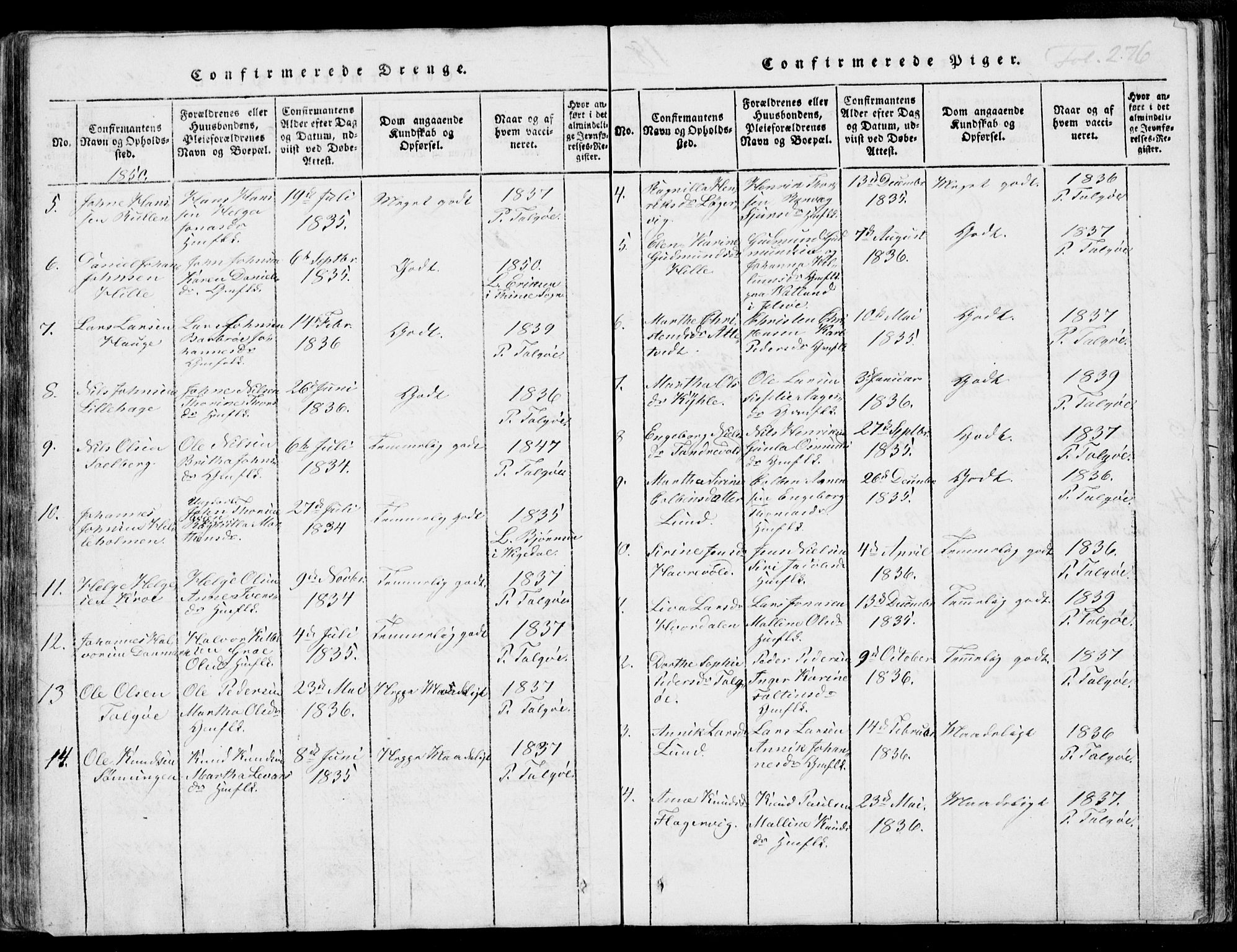 Nedstrand sokneprestkontor, AV/SAST-A-101841/01/IV: Parish register (official) no. A 7, 1816-1870, p. 276