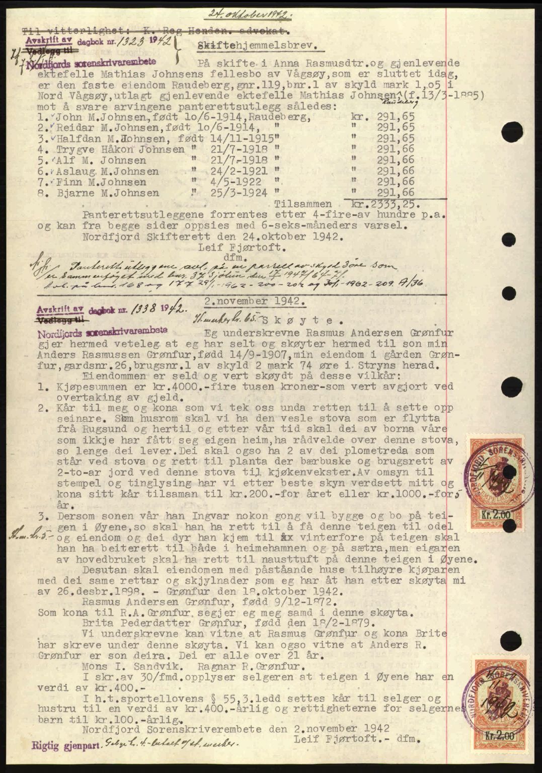 Nordfjord sorenskriveri, AV/SAB-A-2801/02/02b/02bj/L0007: Mortgage book no. A7, 1941-1943, Diary no: : 1319/1942